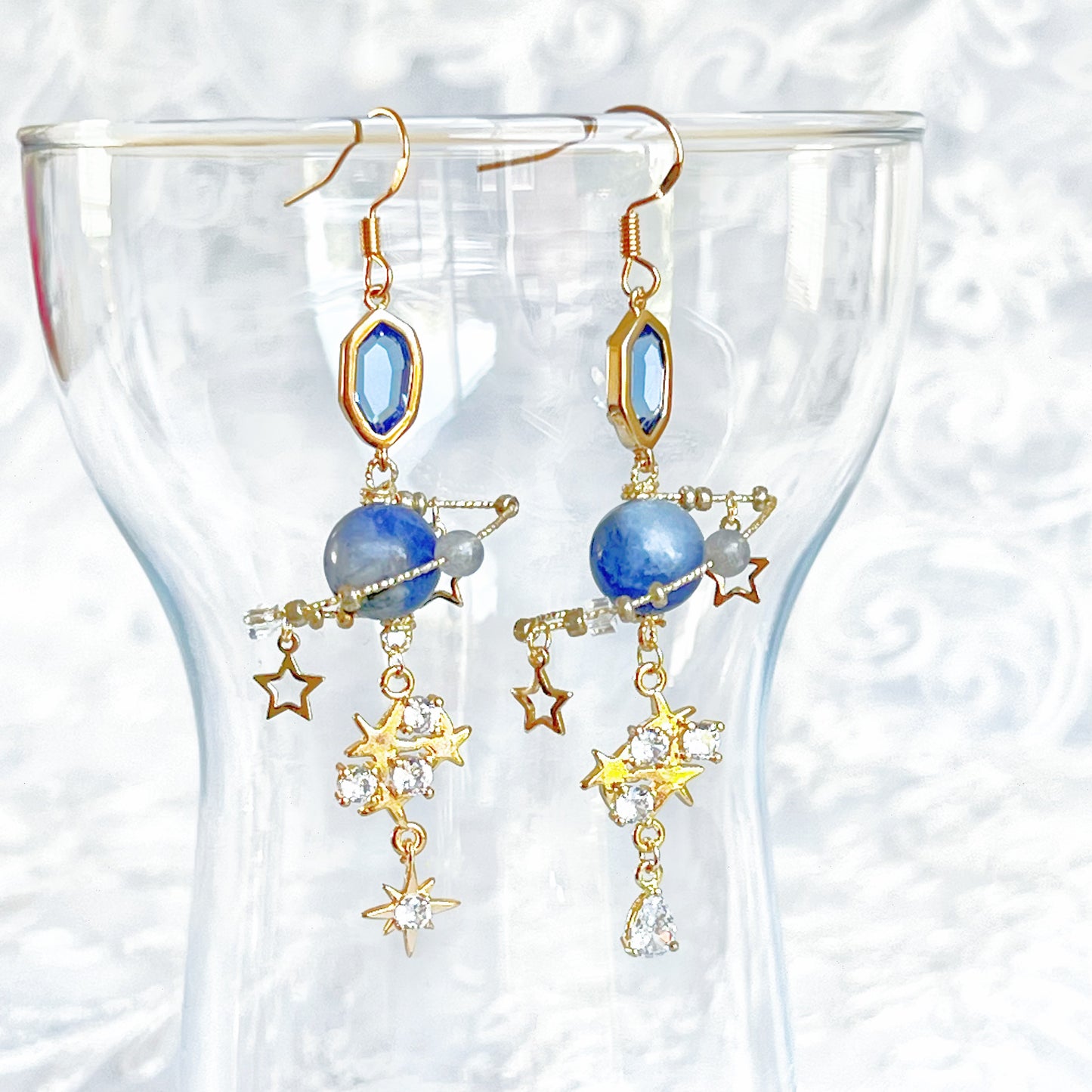 Blue Sodalite Gemstone Planet Earrings-Ninaouity