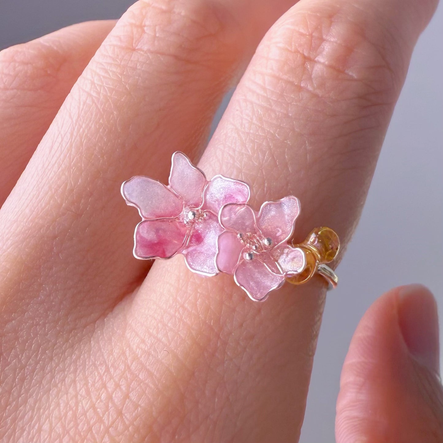 Handmade Little Light Pink Plum Flowers Ring