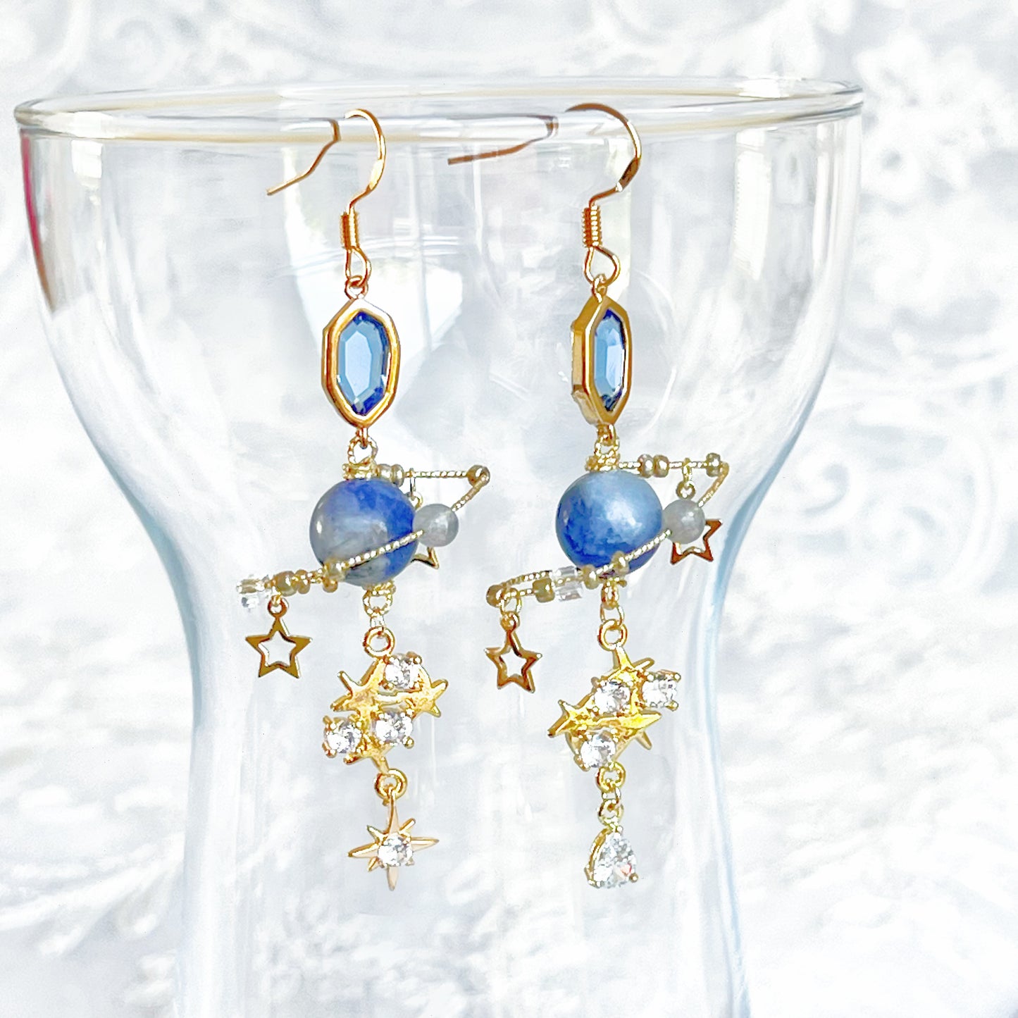 Blue Sodalite Gemstone Planet Earrings-Ninaouity
