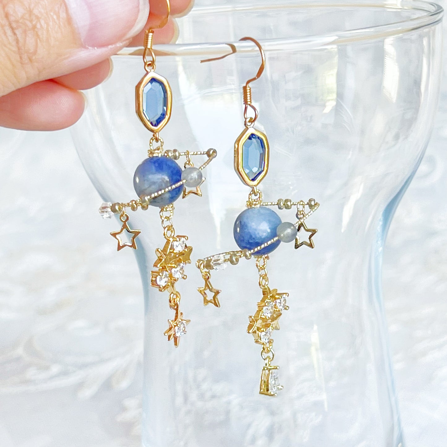 Blue Sodalite Gemstone Planet Earrings-Ninaouity