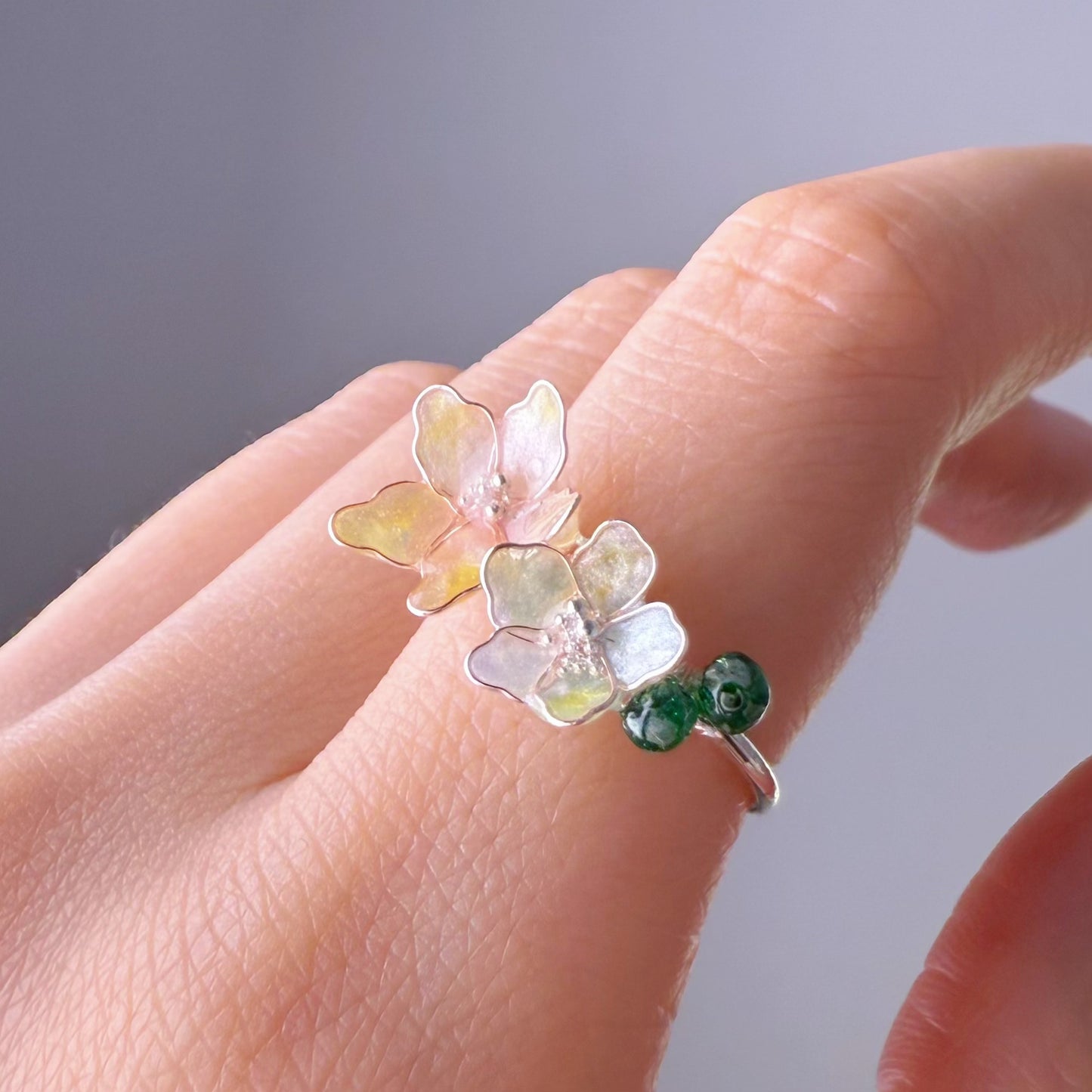 Handmade Little White Green Pink Changing Colour Hydrangeas Flowers Ring