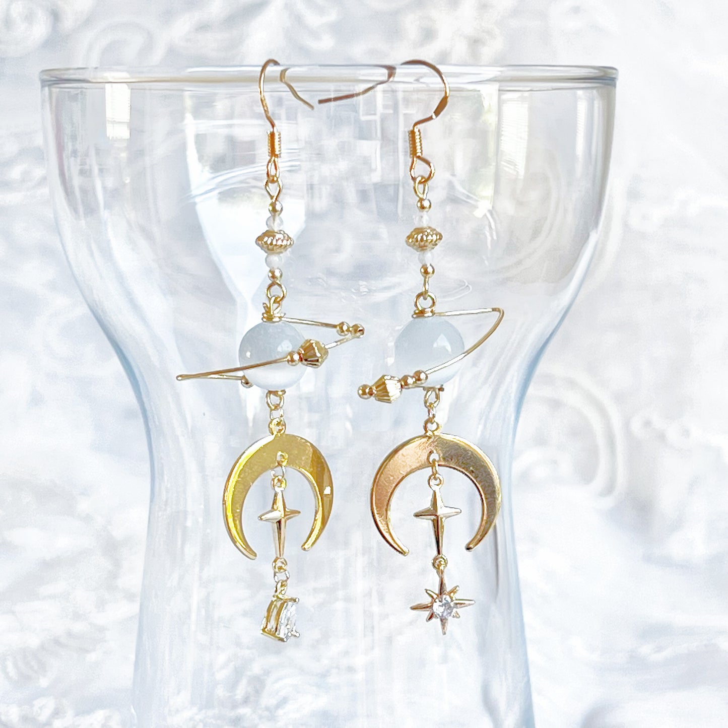 White Cat Eye Stone Planet and Moon Earrings-Ninaouity