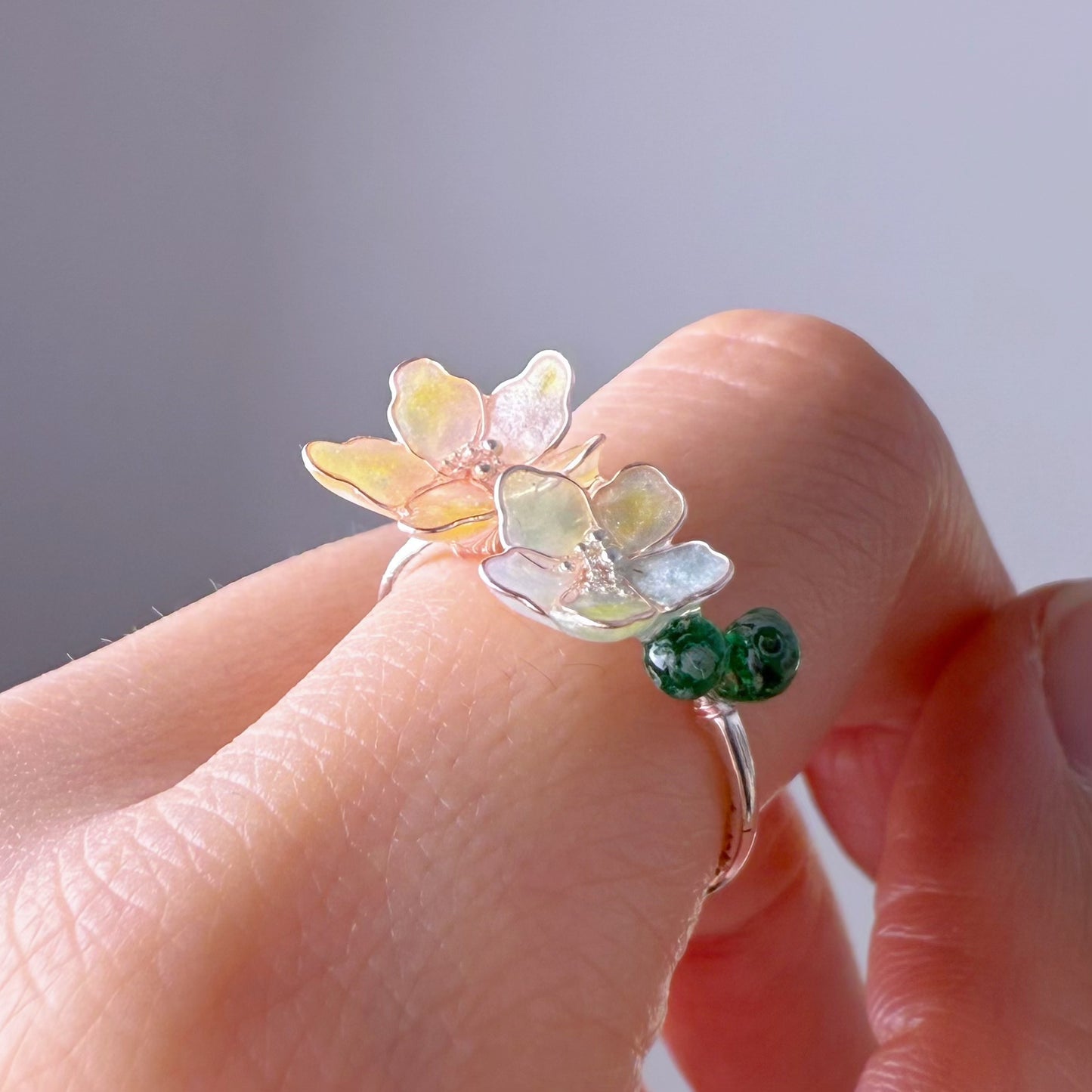 Handmade Little White Green Pink Changing Colour Hydrangeas Flowers Ring