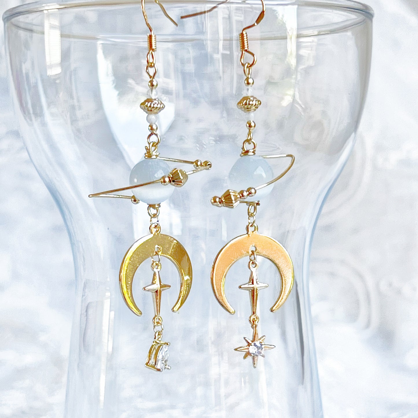 White Cat Eye Stone Planet and Moon Earrings-Ninaouity