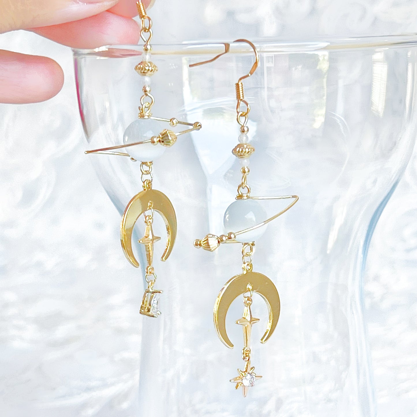 White Cat Eye Stone Planet and Moon Earrings-Ninaouity