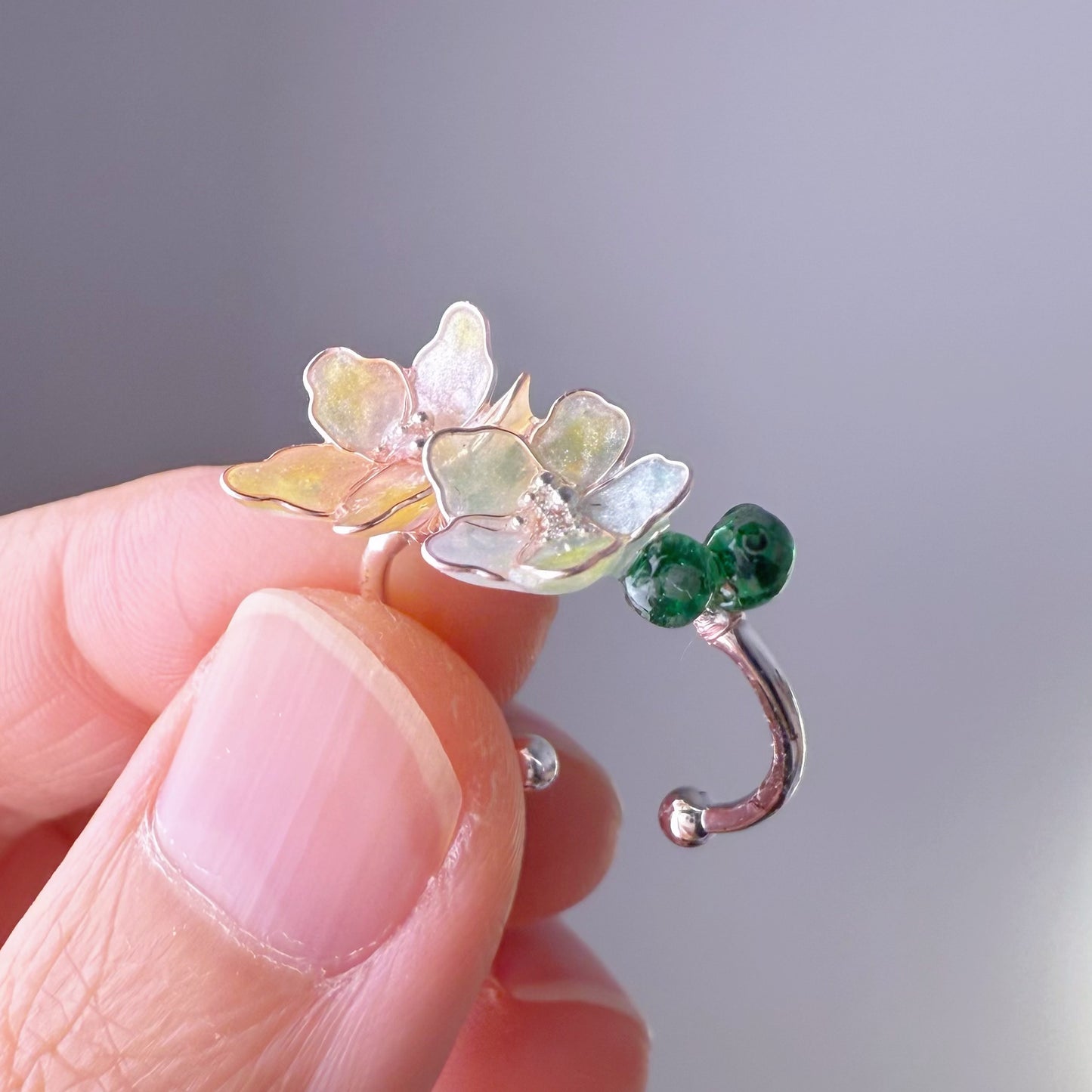 Handmade Little White Green Pink Changing Colour Hydrangeas Flowers Ring