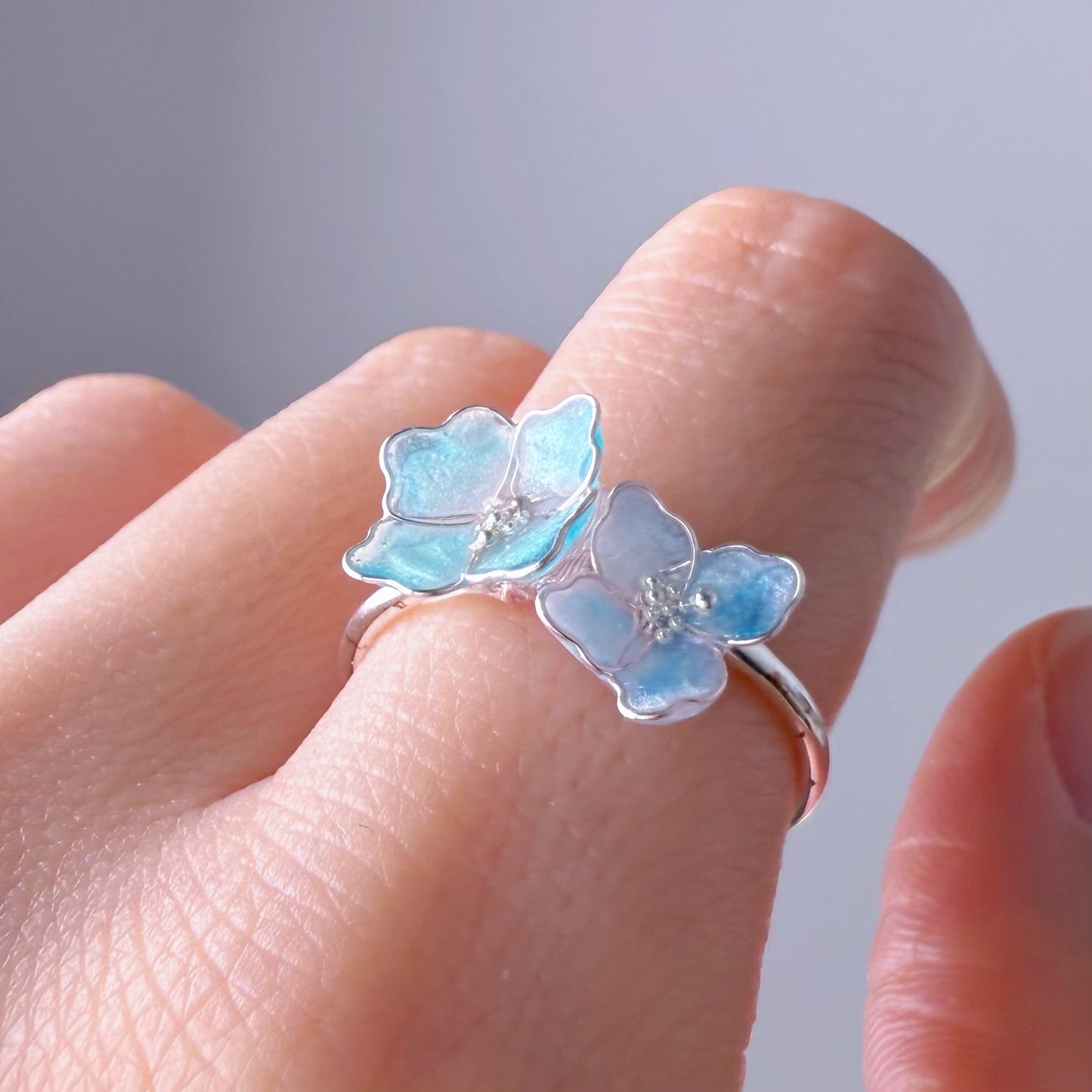 Handmade Little Blue Hydrangeas Flowers Ring