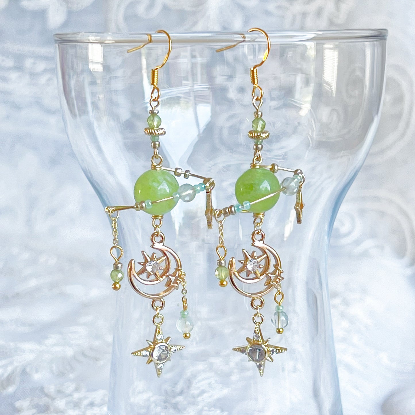 Green Jade Planet and Moon Earrings-Ninaouity