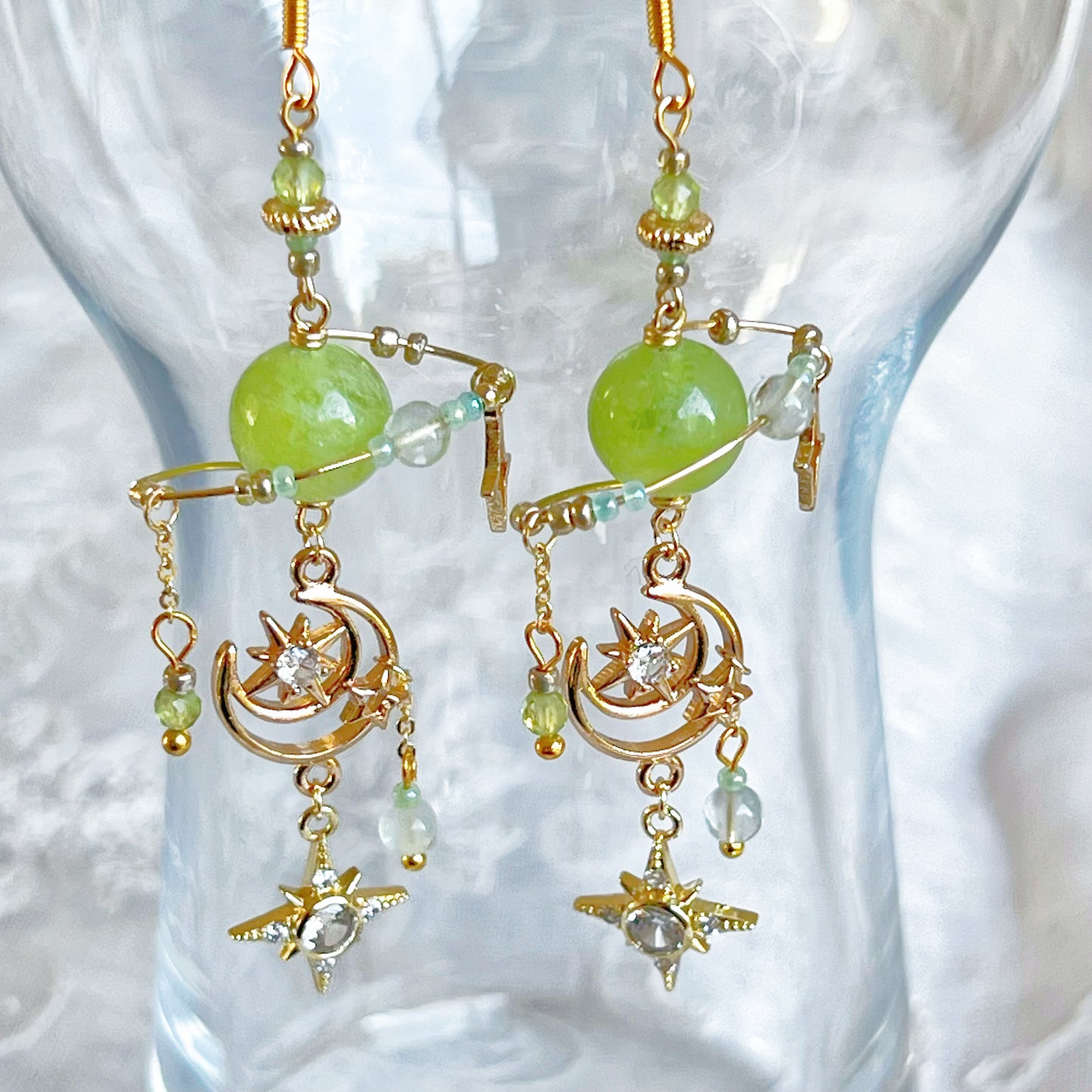 Green Jade Planet and Moon Earrings-Ninaouity