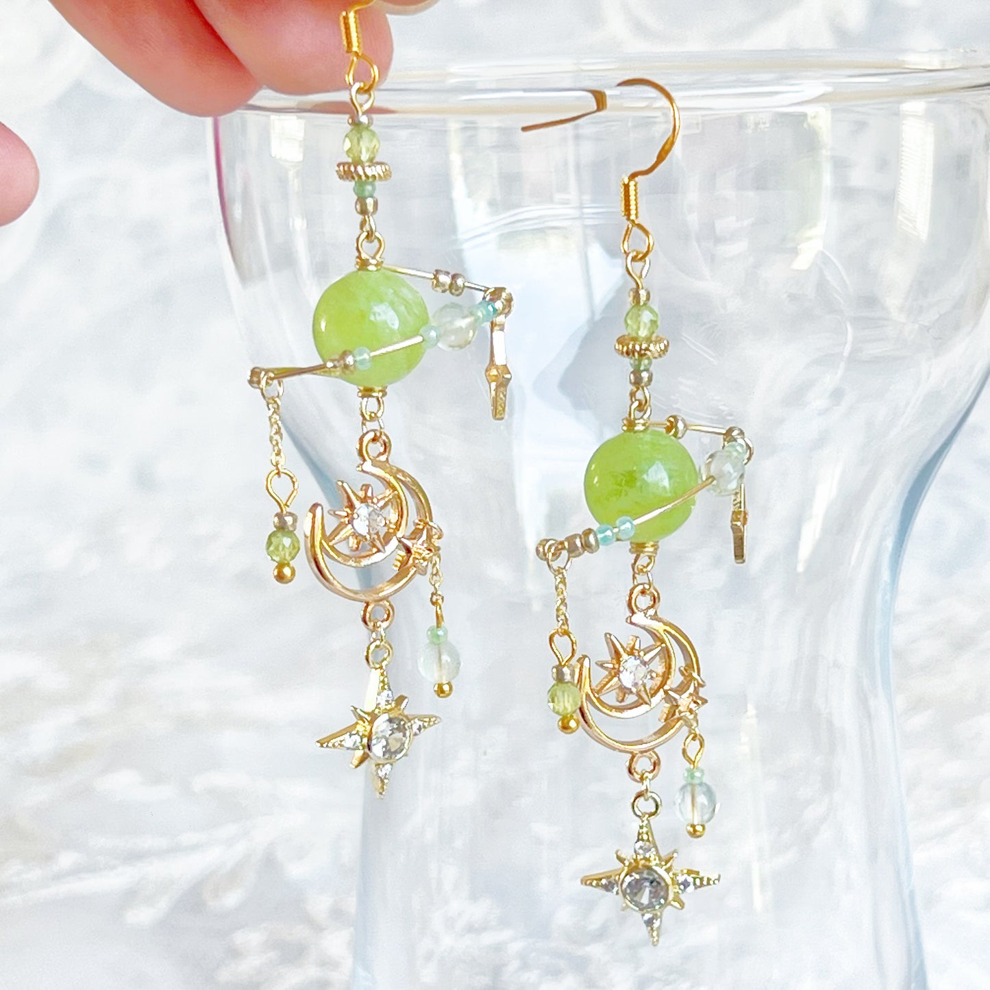 Green Jade Planet and Moon Earrings-Ninaouity