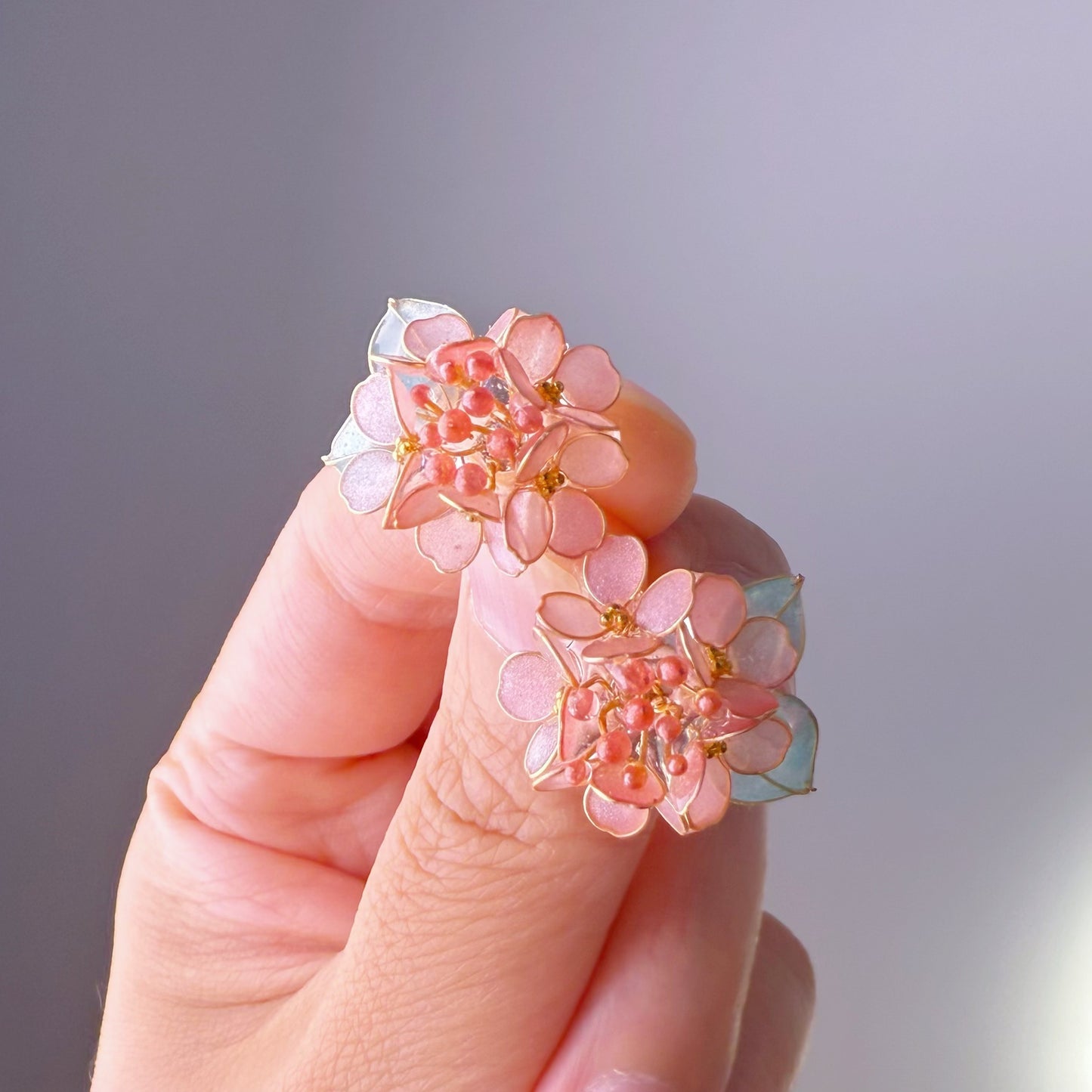 Handmade Pink Hydrangeas Flower Bouquet Earrings