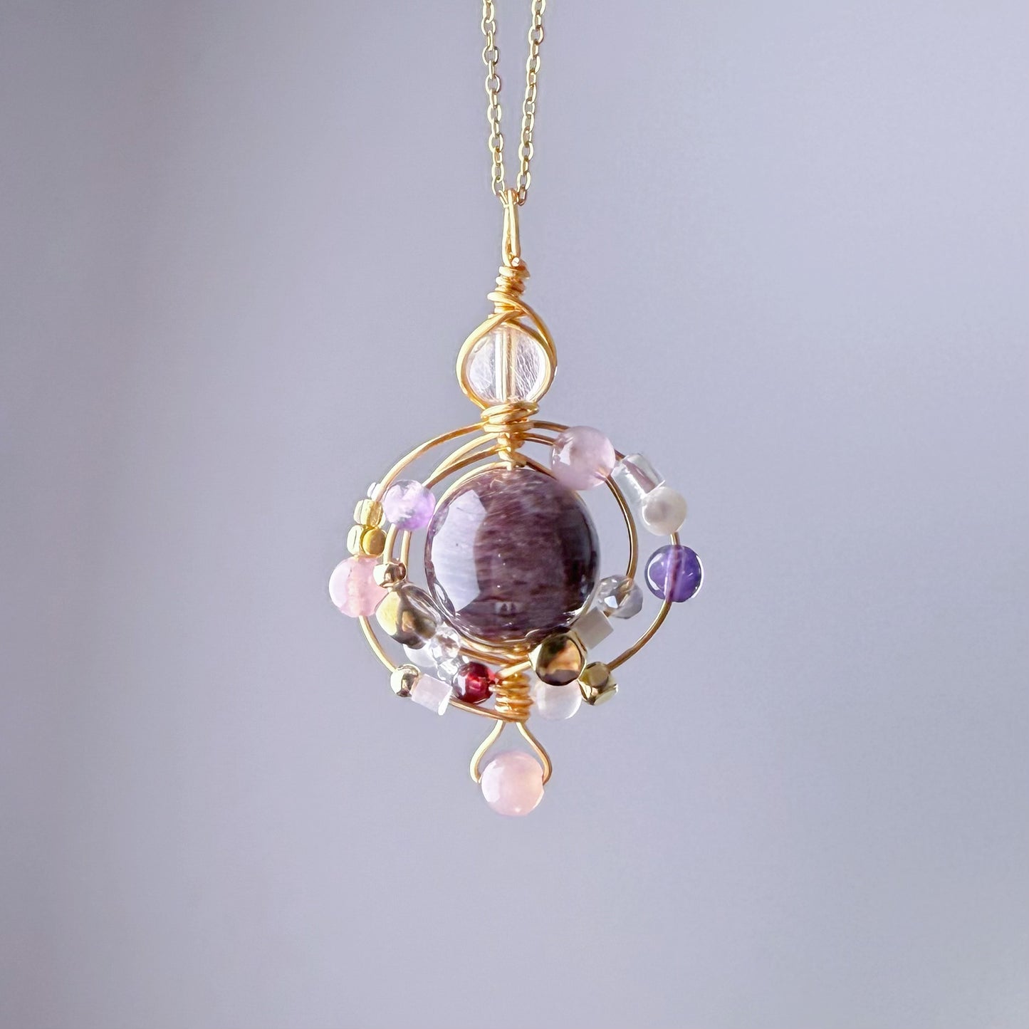 Quartzberry - Natural Dark Purple Phantom Quartz Solar System Shape Wire Wrapped Necklace - One-of-a-kind