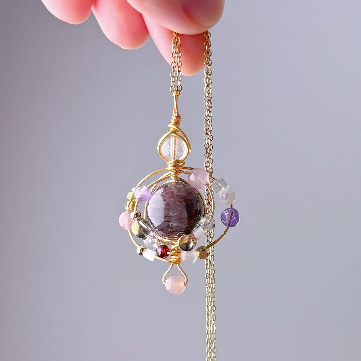 Quartzberry - Natural Dark Purple Phantom Quartz Solar System Shape Wire Wrapped Necklace - One-of-a-kind