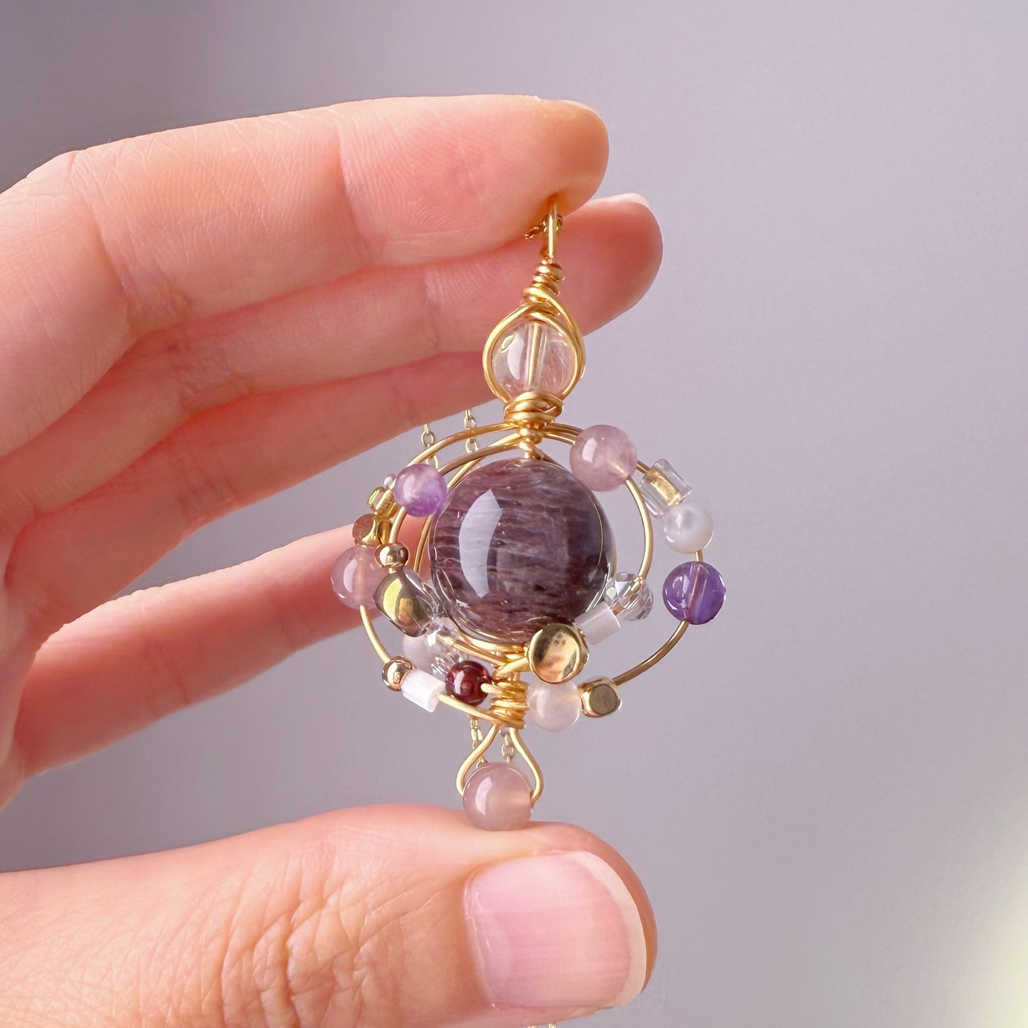 Quartzberry - Natural Dark Purple Phantom Quartz Solar System Shape Wire Wrapped Necklace - One-of-a-kind