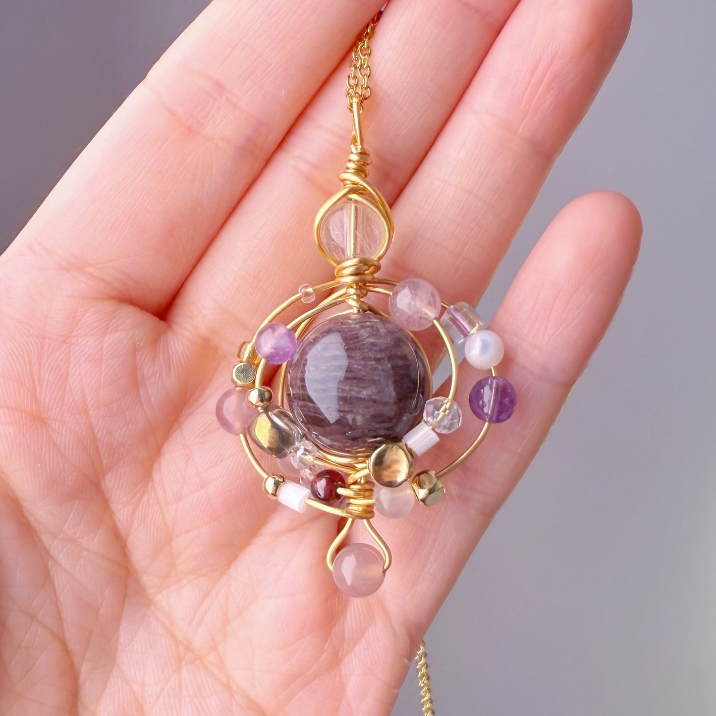 Quartzberry - Natural Dark Purple Phantom Quartz Solar System Shape Wire Wrapped Necklace - One-of-a-kind