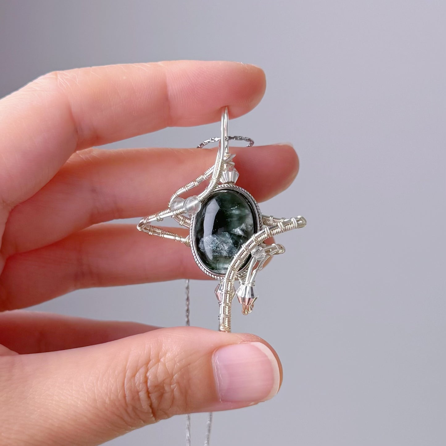 Quartzberry - Natural Dark Green Seraphinite Crystal Polaris Shape Wire Wrapped Necklace - One-of-a-kind