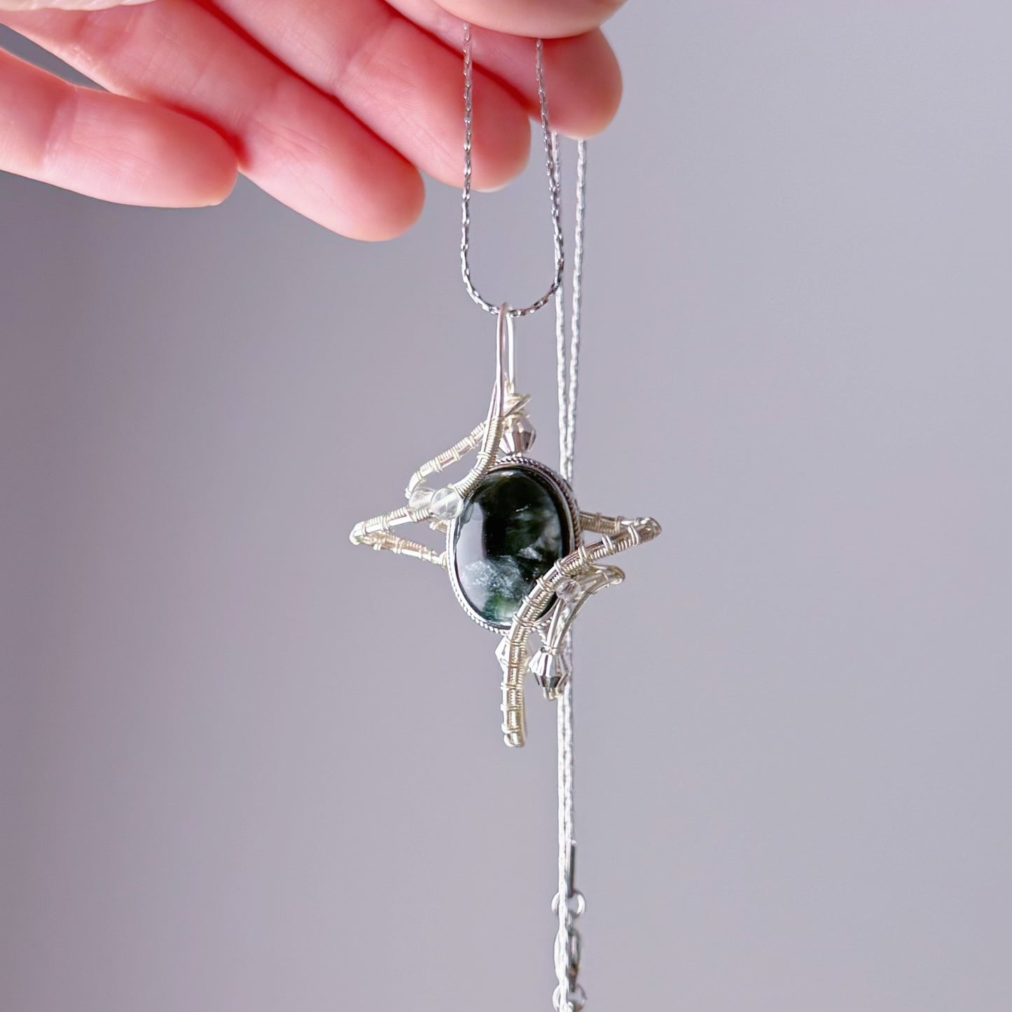 Quartzberry - Natural Dark Green Seraphinite Crystal Polaris Shape Wire Wrapped Necklace - One-of-a-kind