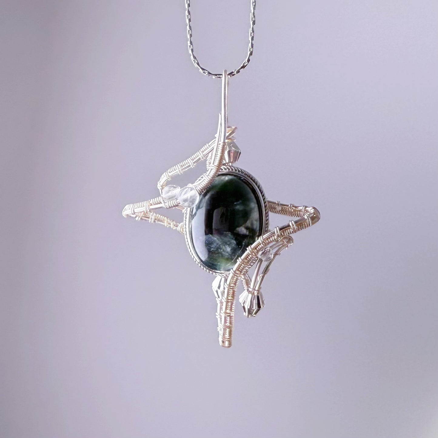 Quartzberry - Natural Dark Green Seraphinite Crystal Polaris Shape Wire Wrapped Necklace - One-of-a-kind
