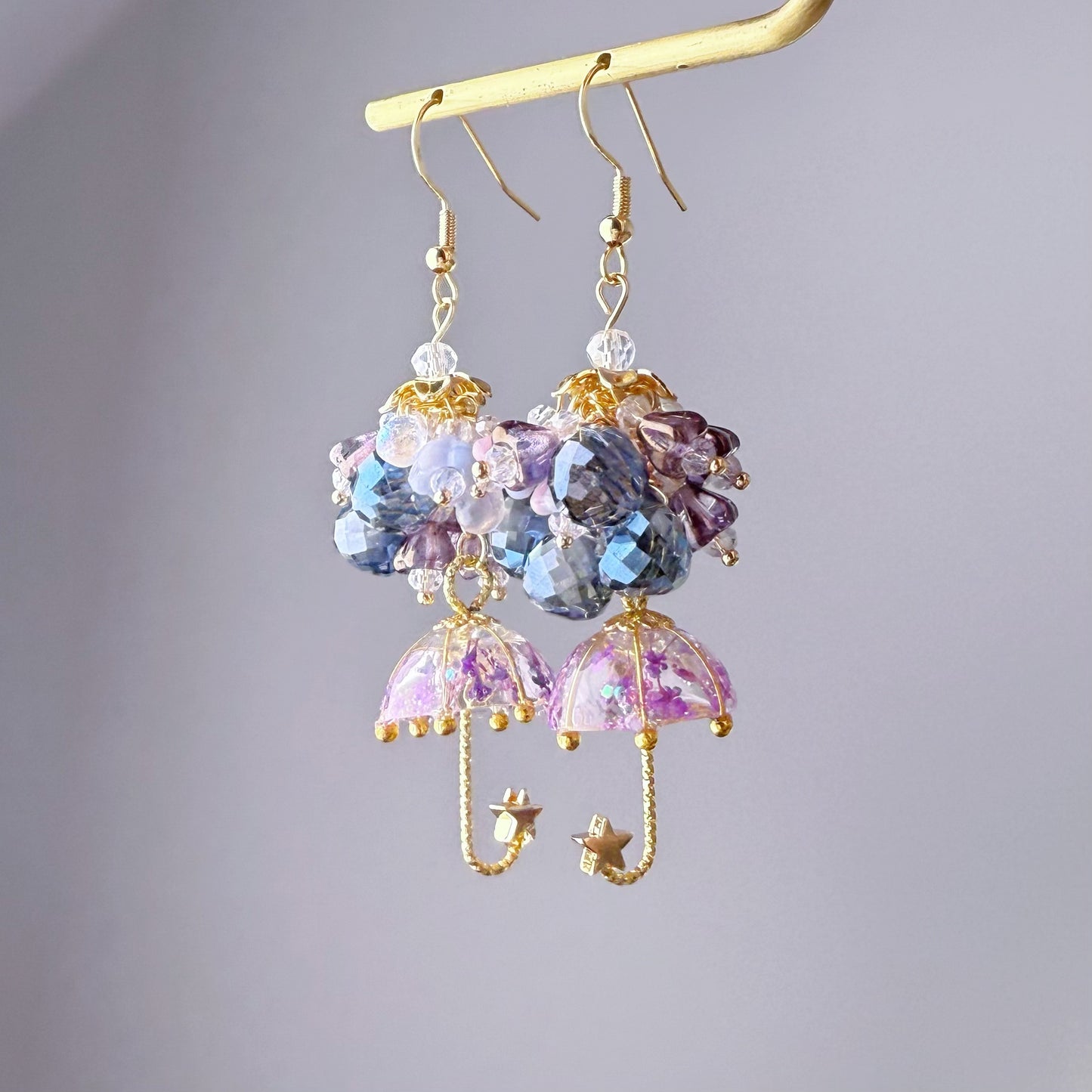 Handmade Purple and Blue Pressed Flowers Umbrella Bloom Drop Earrings