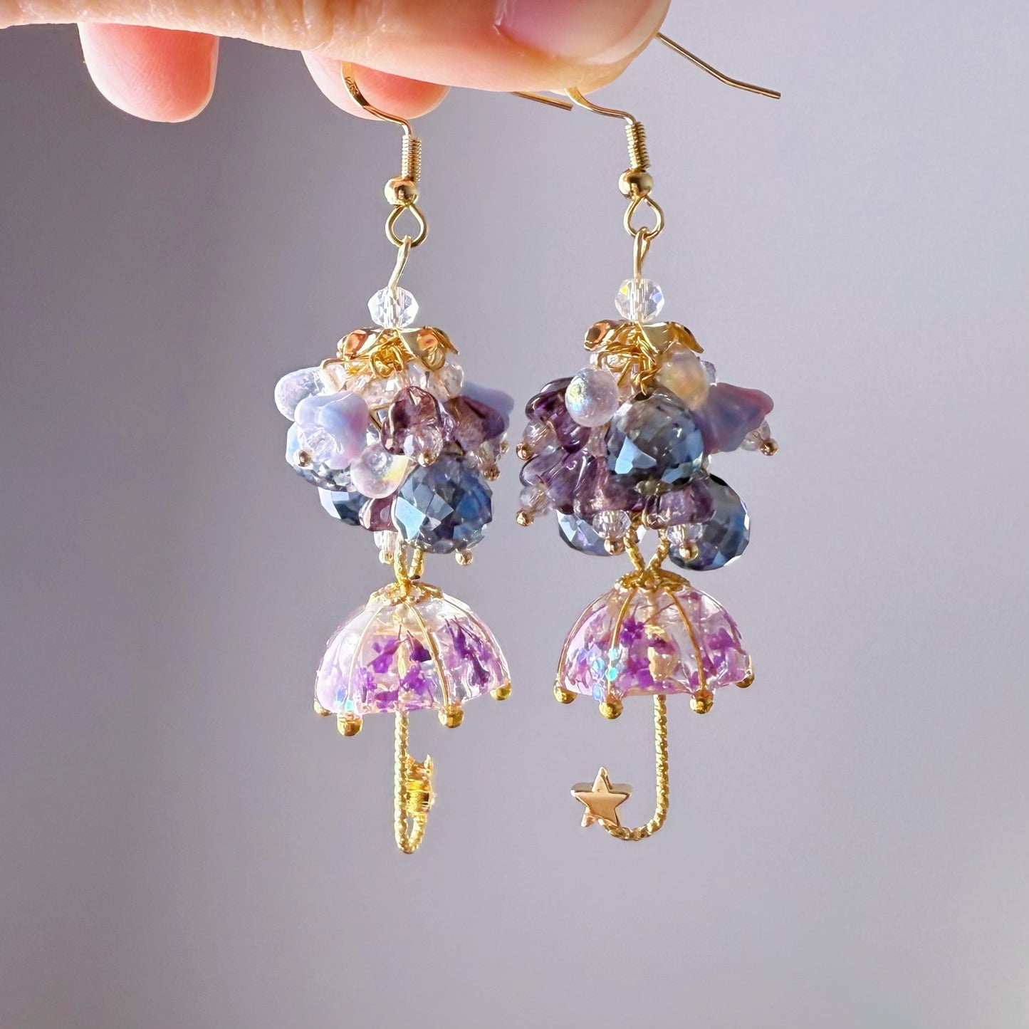 Handmade Purple and Blue Pressed Flowers Umbrella Bloom Drop Earrings