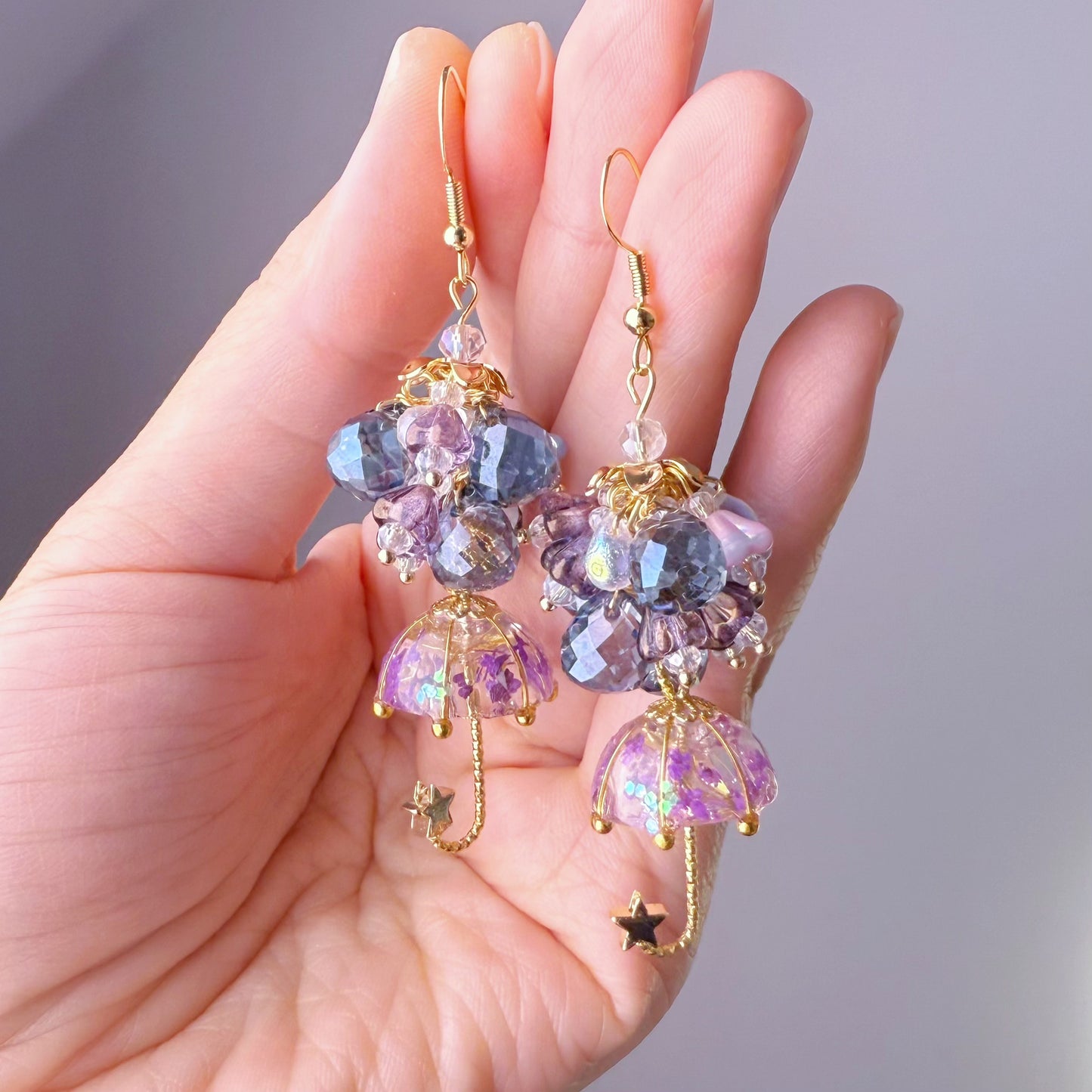Handmade Purple and Blue Pressed Flowers Umbrella Bloom Drop Earrings