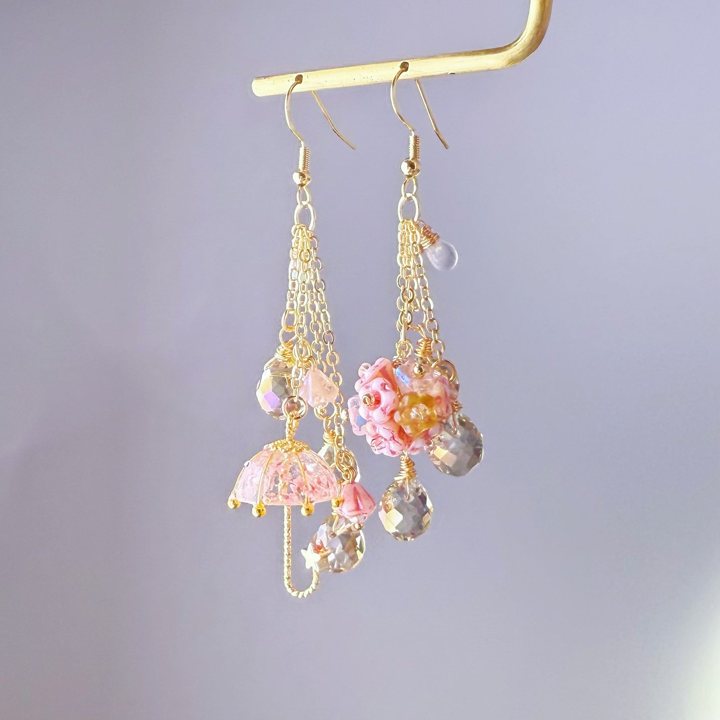 Handmade Pink Pressed Flowers Umbrella and Hydrangeas Mismatch Earrings
