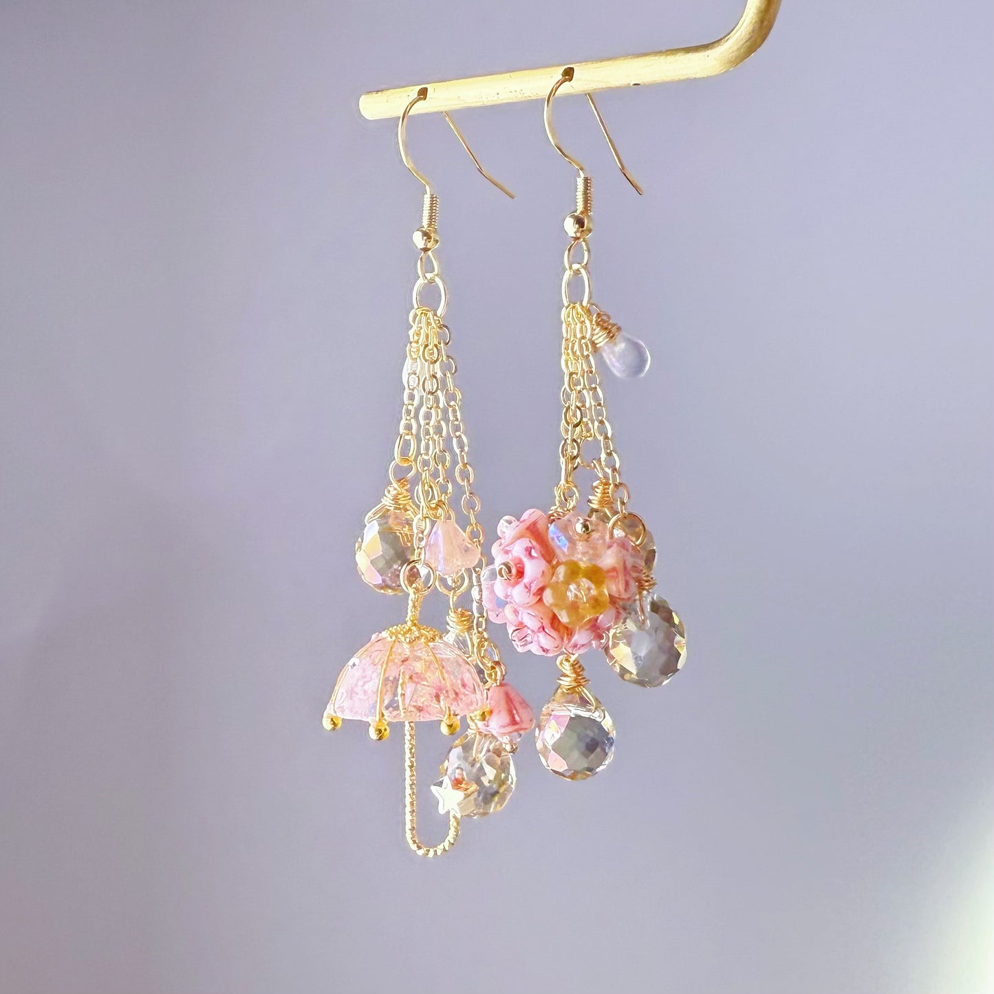 Handmade Pink Pressed Flowers Umbrella and Hydrangeas Mismatch Earrings