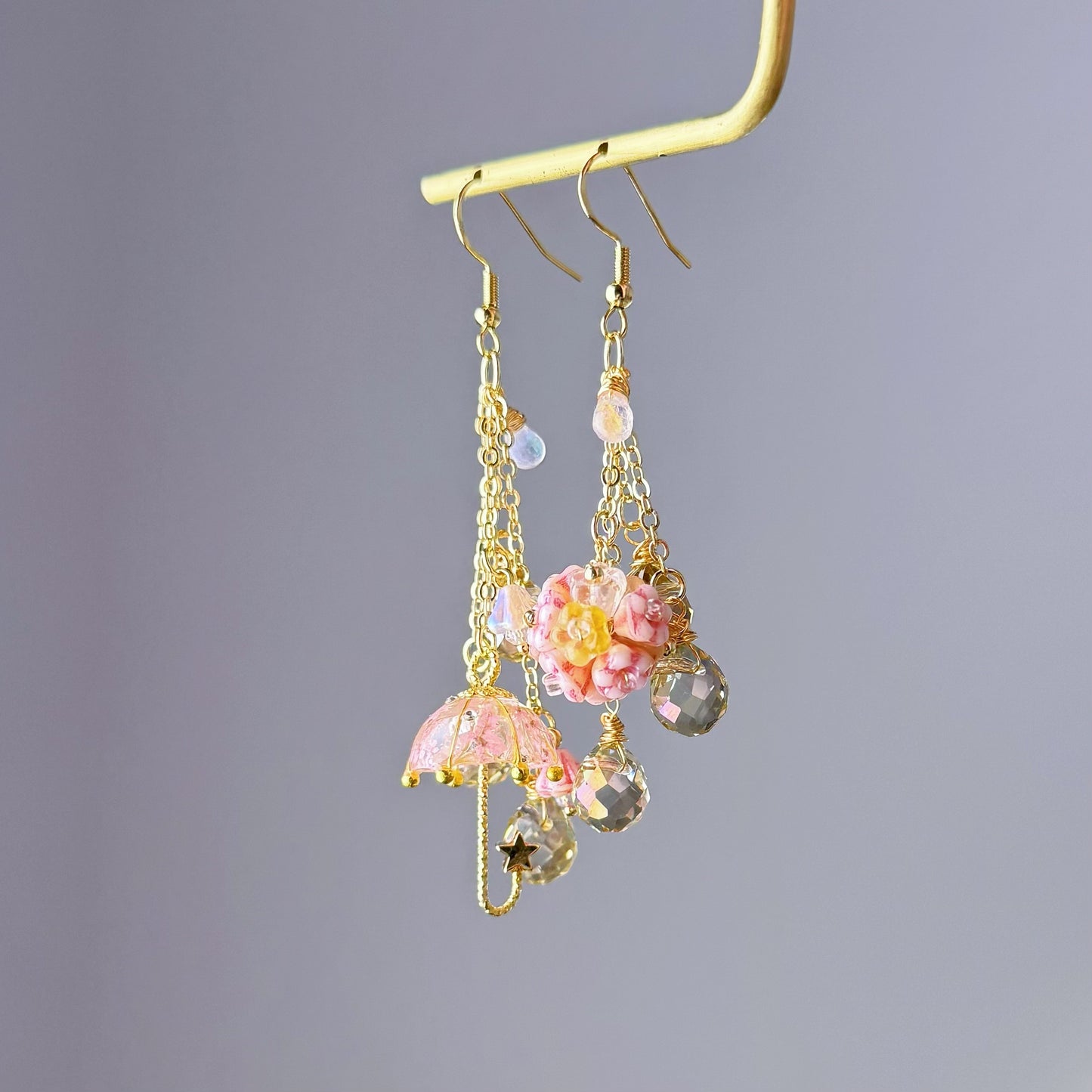Handmade Pink Pressed Flowers Umbrella and Hydrangeas Mismatch Earrings