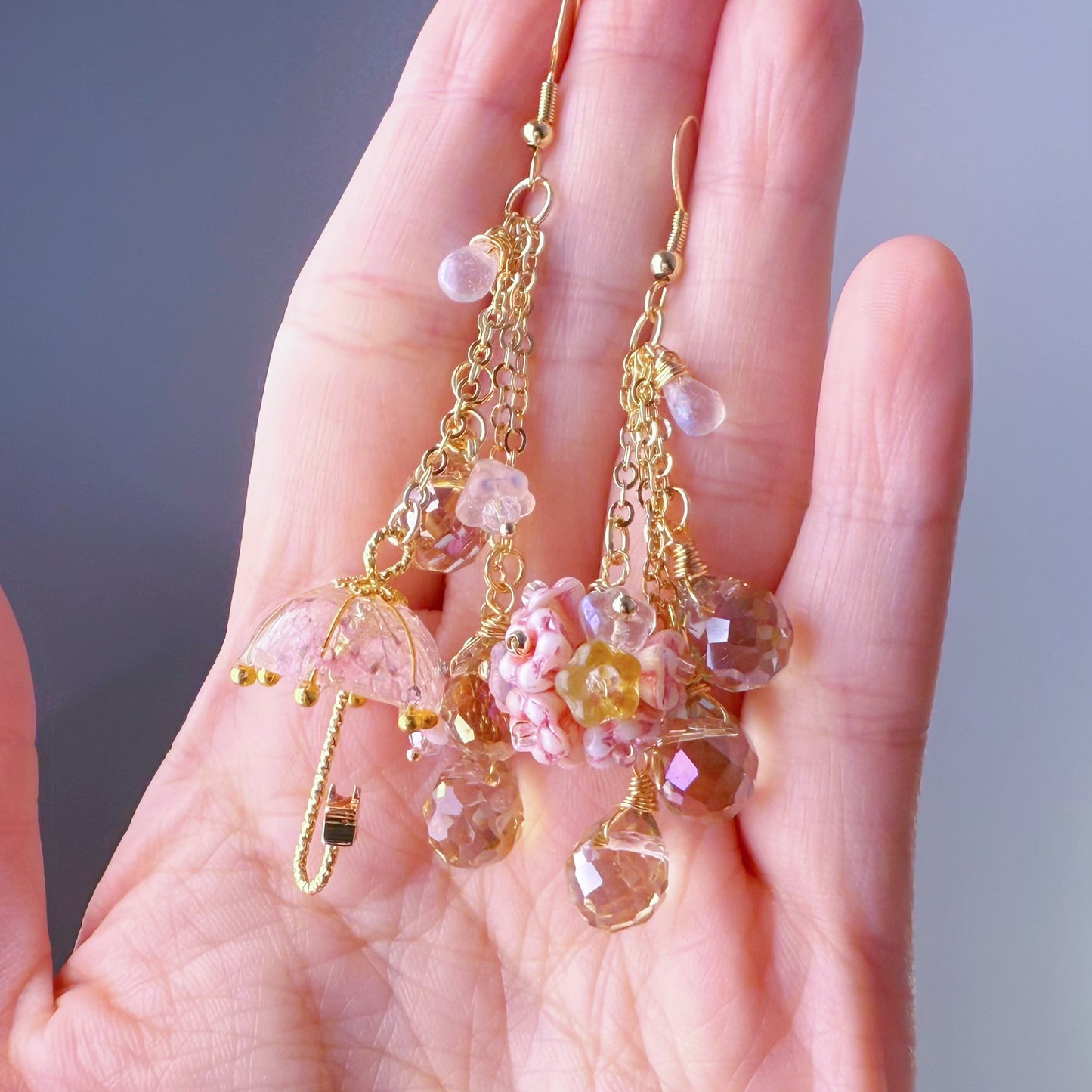 Handmade Pink Pressed Flowers Umbrella and Hydrangeas Mismatch Earrings
