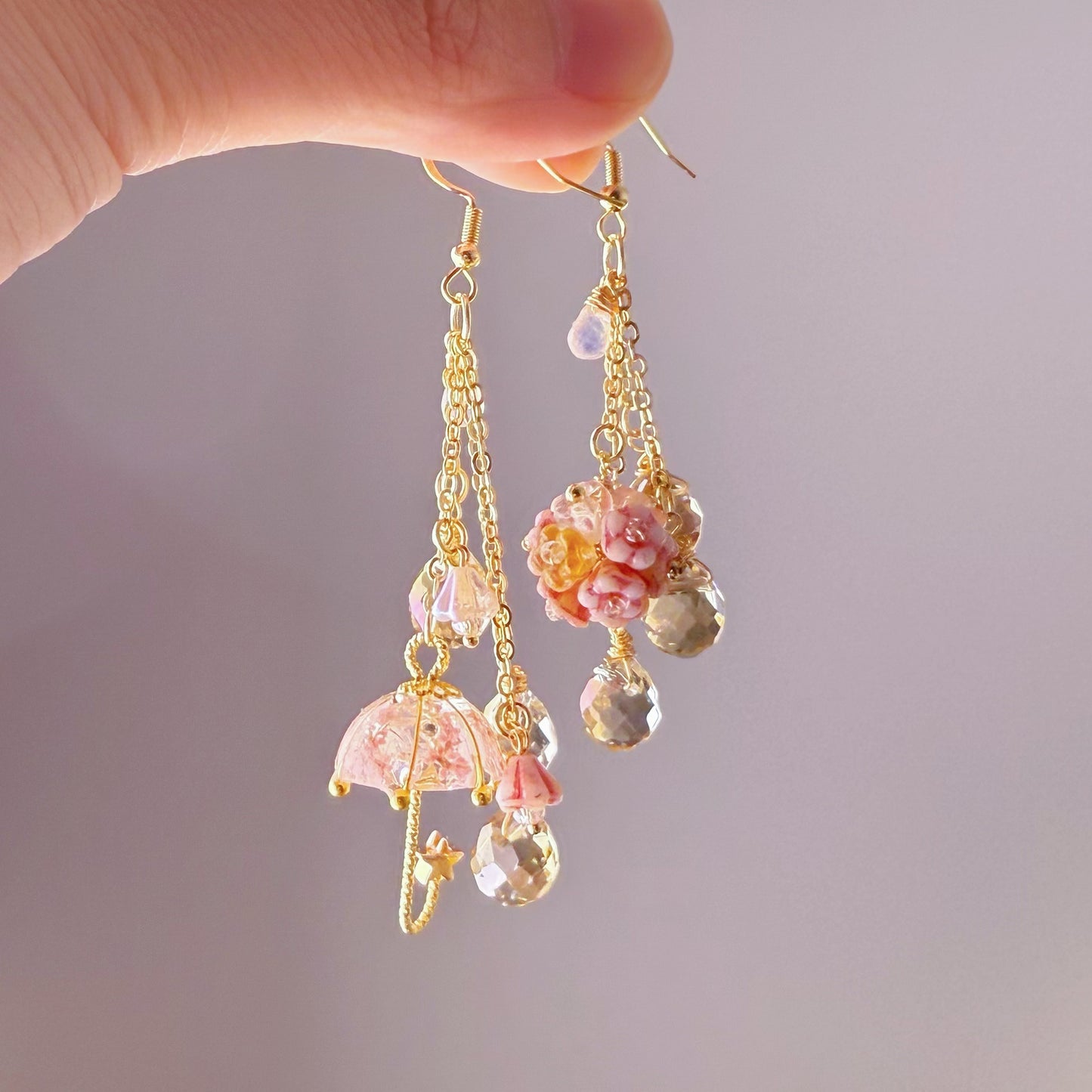 Handmade Pink Pressed Flowers Umbrella and Hydrangeas Mismatch Earrings