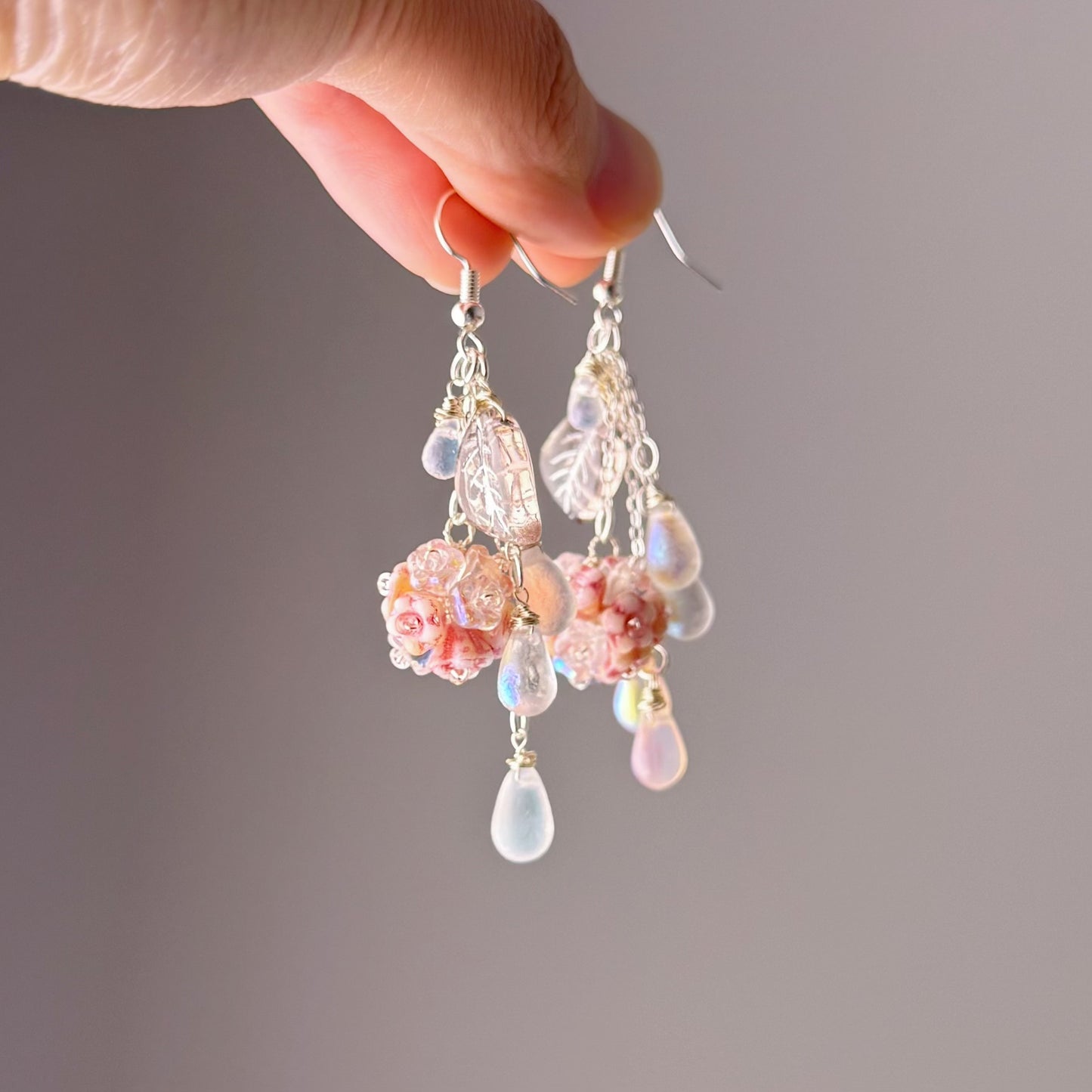 Handmade Pink Hydrangeas Flowers in Summer Rain Earrings