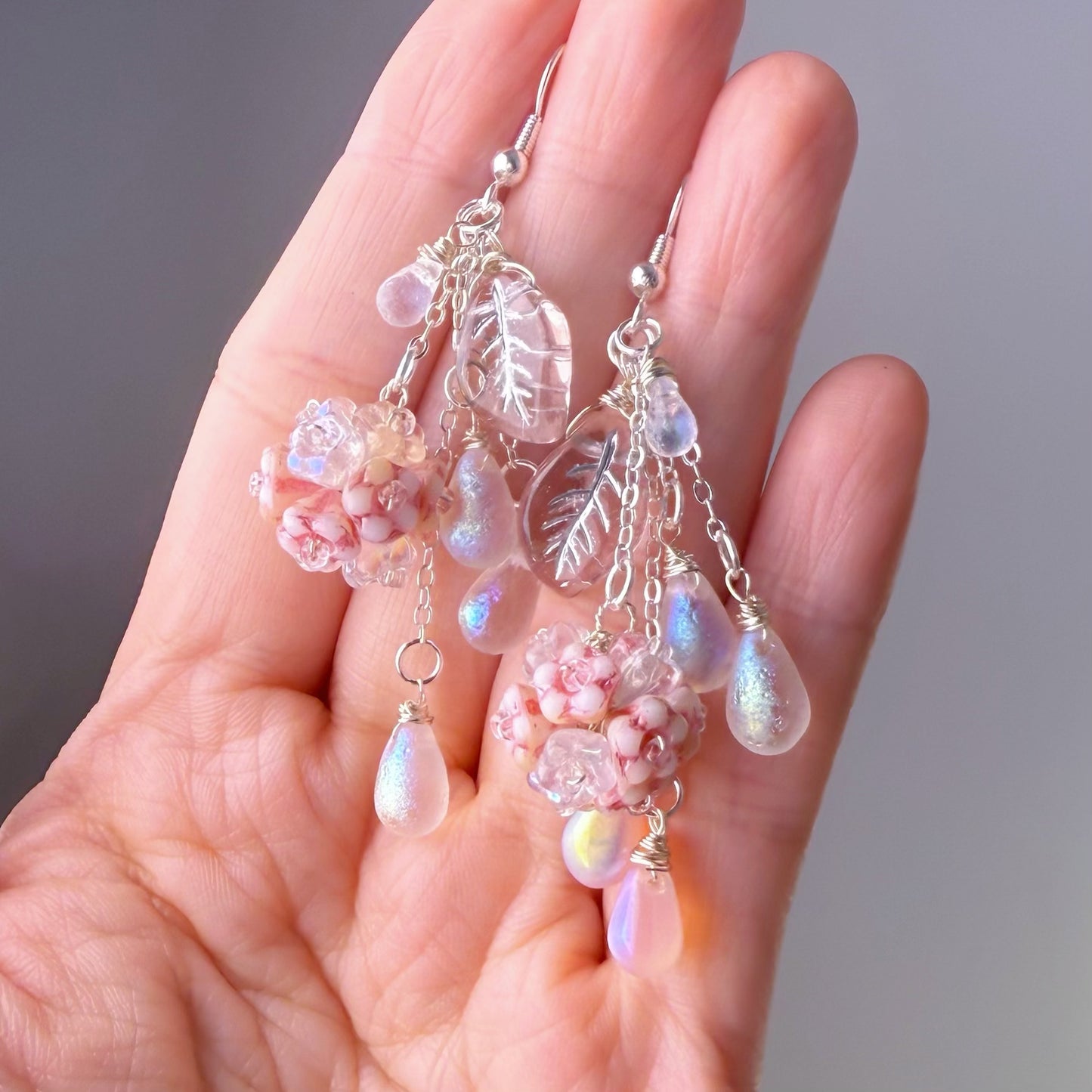 Handmade Pink Hydrangeas Flowers in Summer Rain Earrings