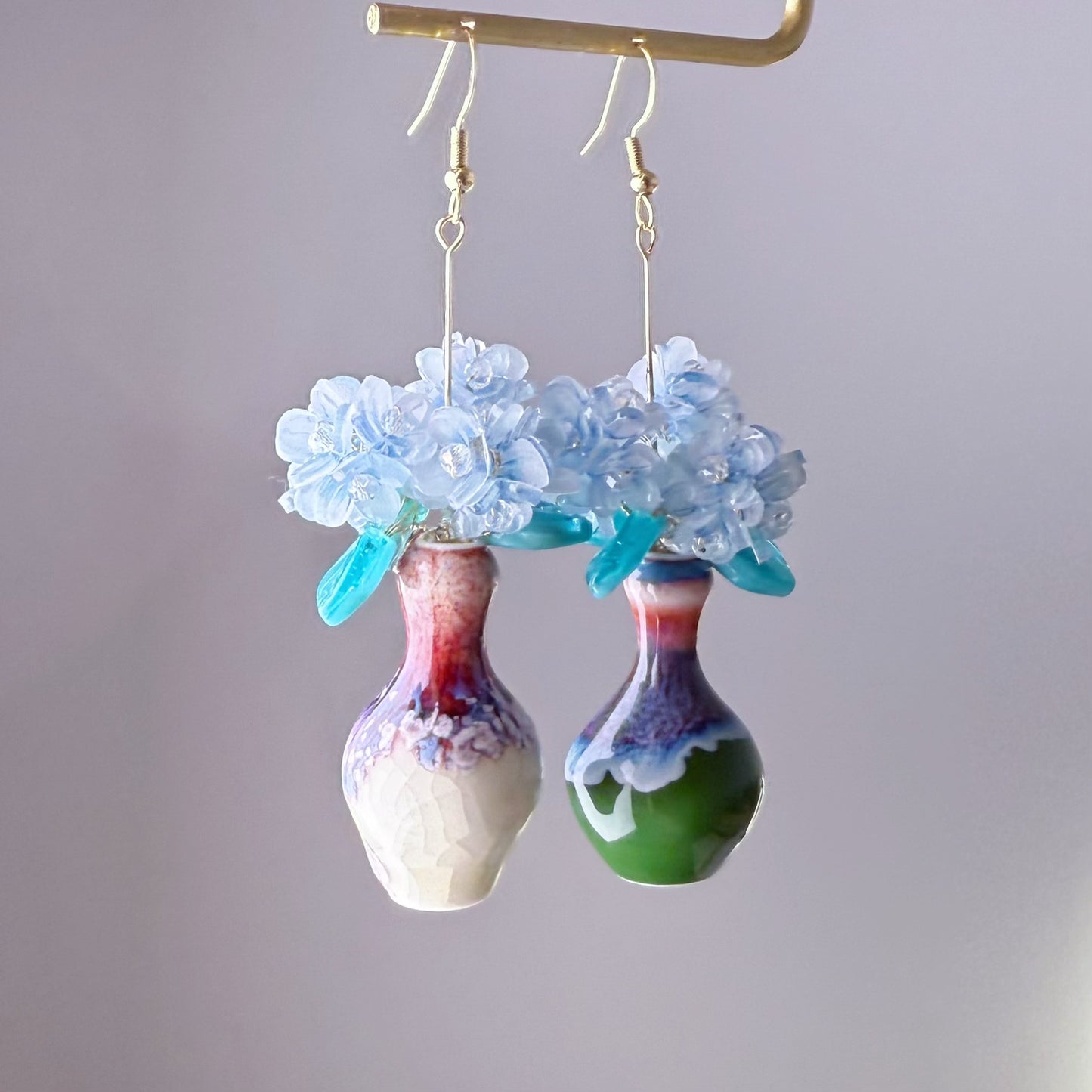 Handmade Blue Hydrangeas Flowers in Ceramic Vase Earrings