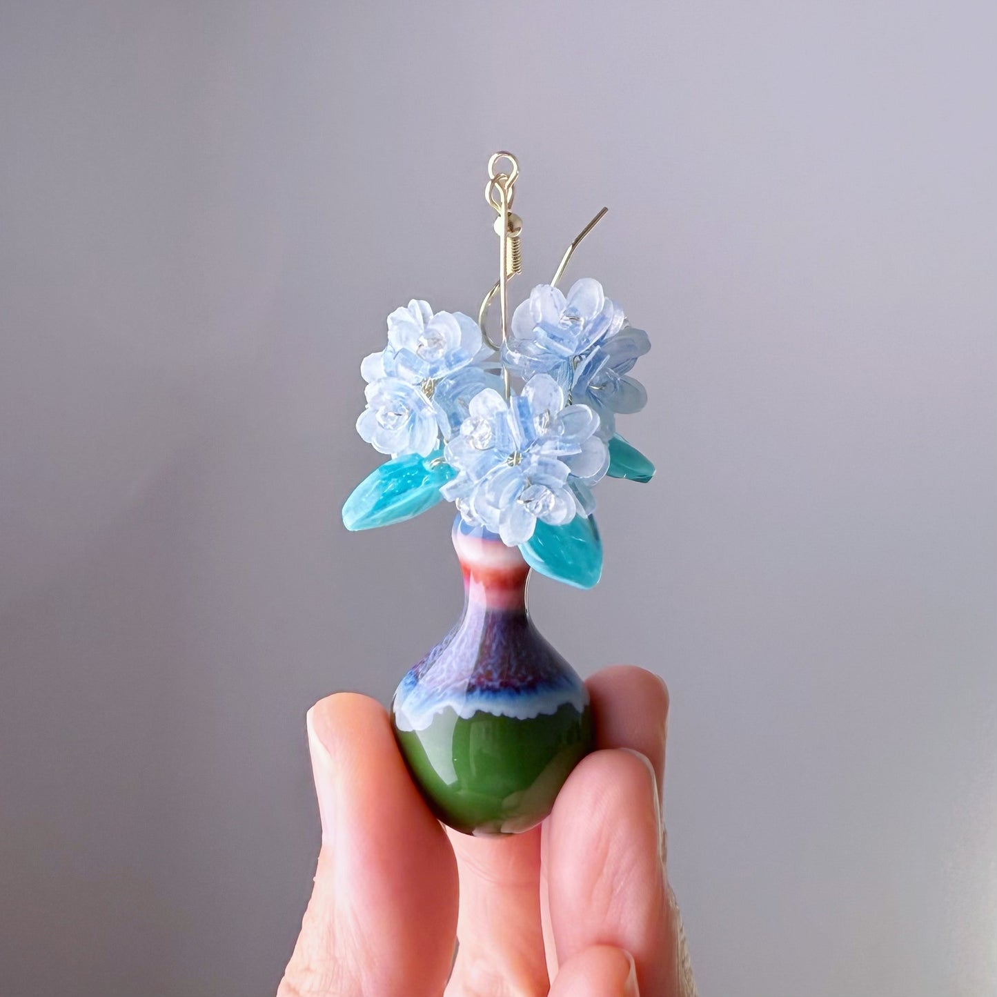 Handmade Blue Hydrangeas Flowers in Ceramic Vase Earrings