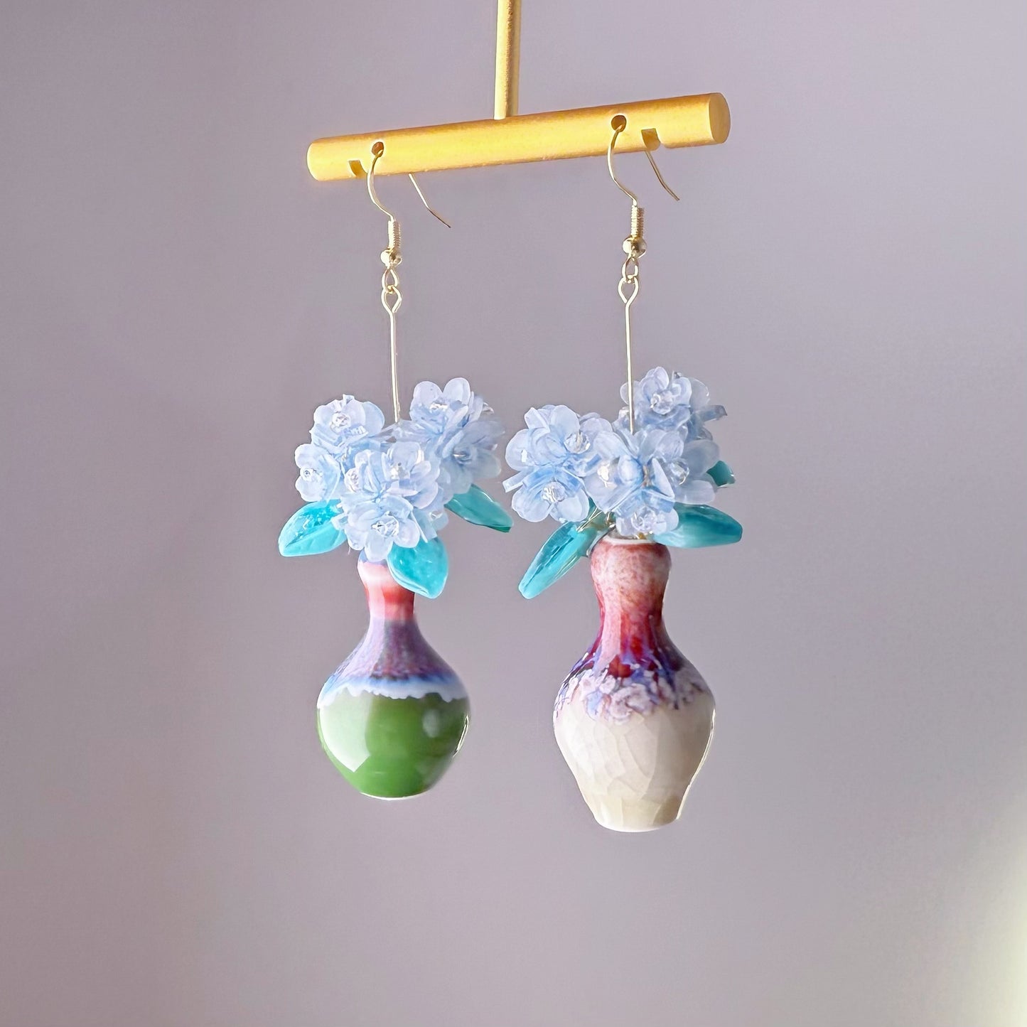 Handmade Blue Hydrangeas Flowers in Ceramic Vase Earrings