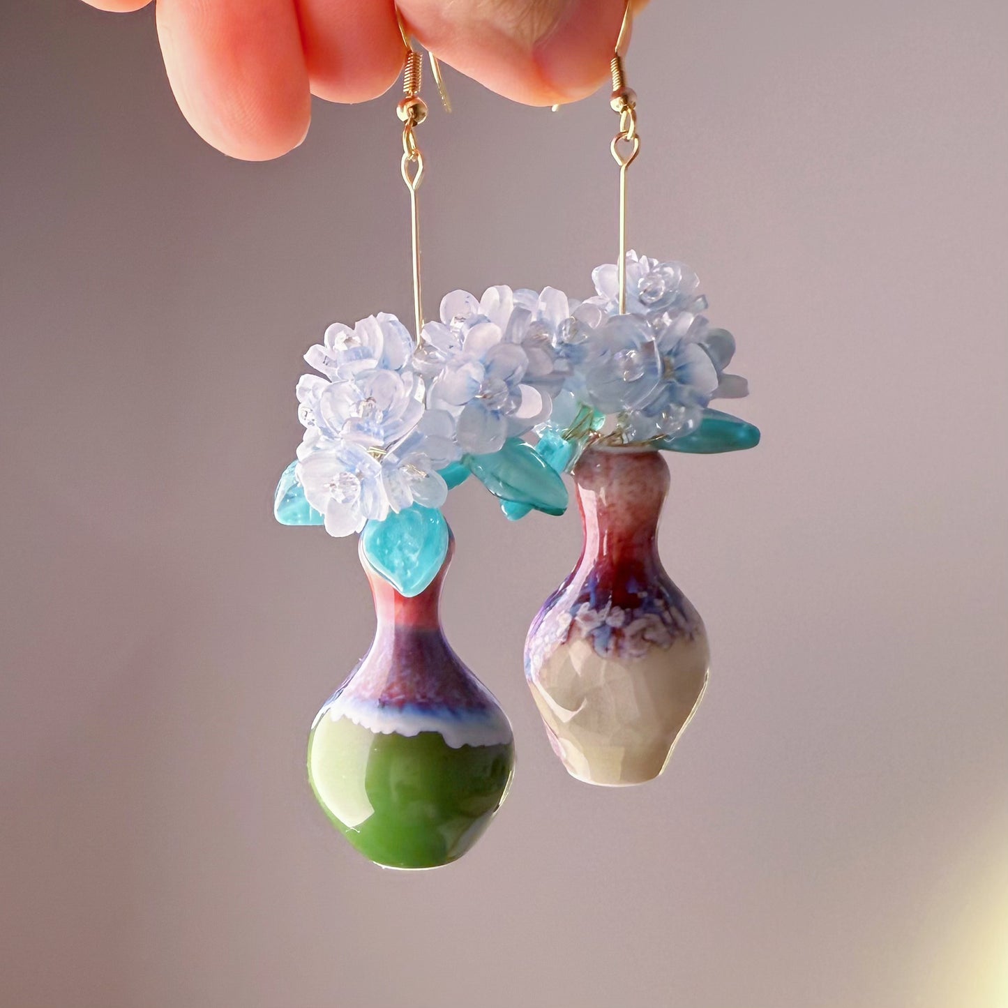 Handmade Blue Hydrangeas Flowers in Ceramic Vase Earrings
