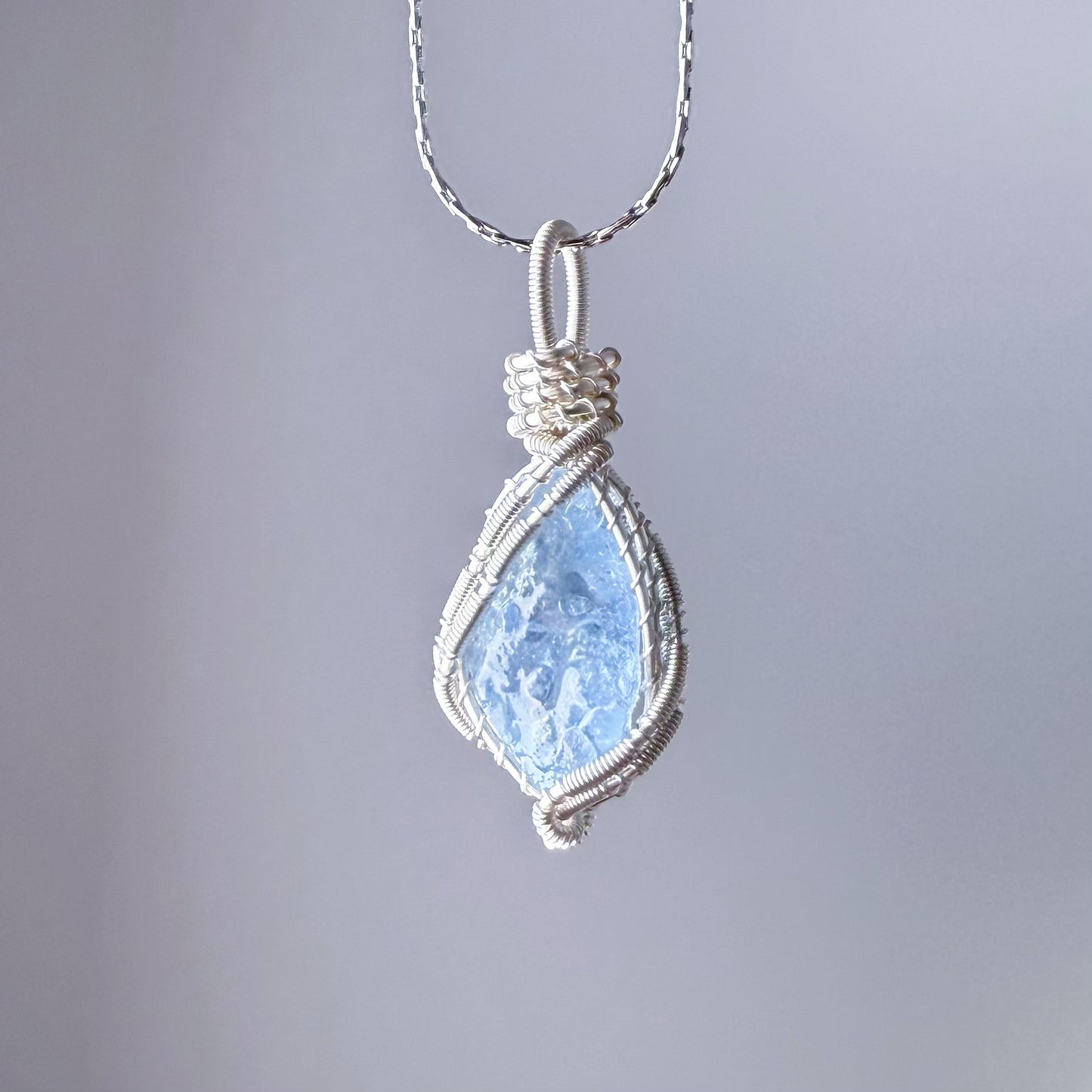 Quartzberry - Natural Blue Aquamarine Crystal Drop Shape Wire Wrapped Necklace - One-of-a-kind