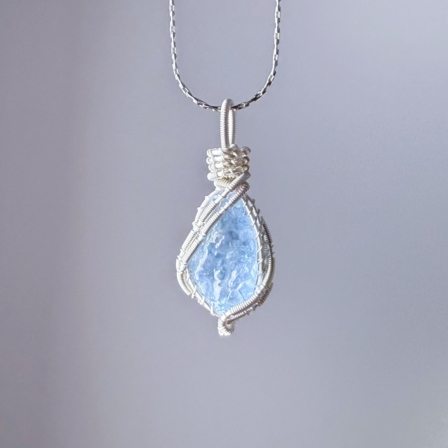 Quartzberry - Natural Blue Aquamarine Crystal Drop Shape Wire Wrapped Necklace - One-of-a-kind