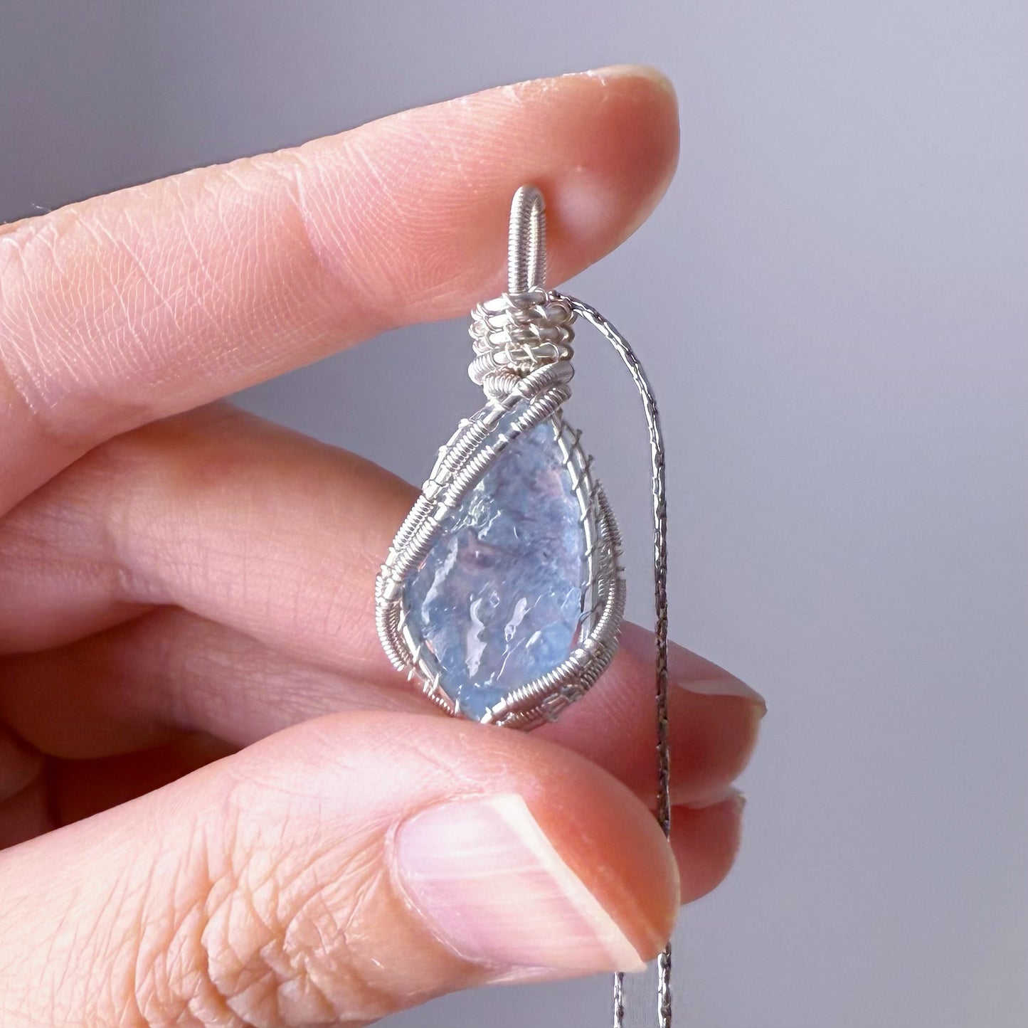Quartzberry - Natural Blue Aquamarine Crystal Drop Shape Wire Wrapped Necklace - One-of-a-kind