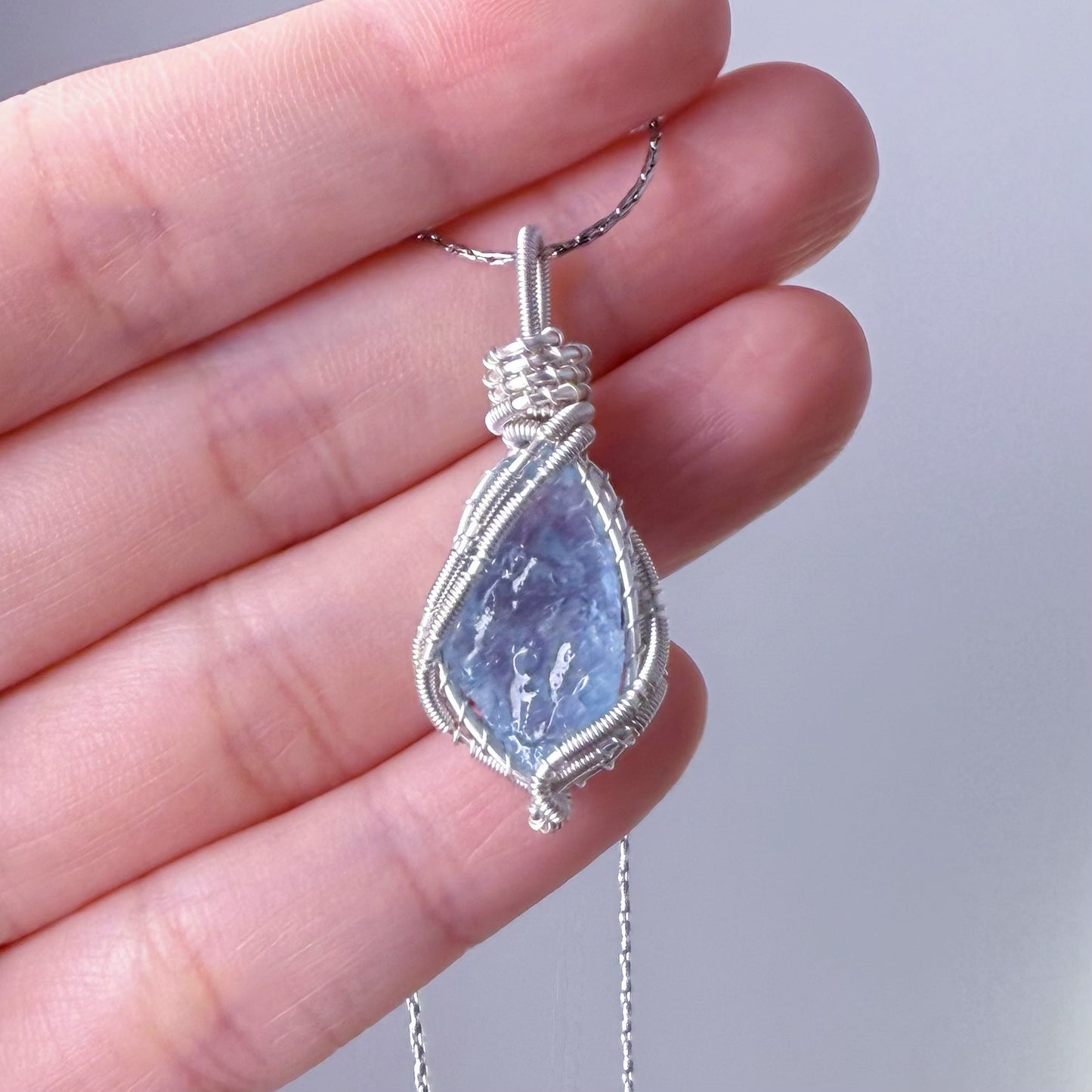 Quartzberry - Natural Blue Aquamarine Crystal Drop Shape Wire Wrapped Necklace - One-of-a-kind