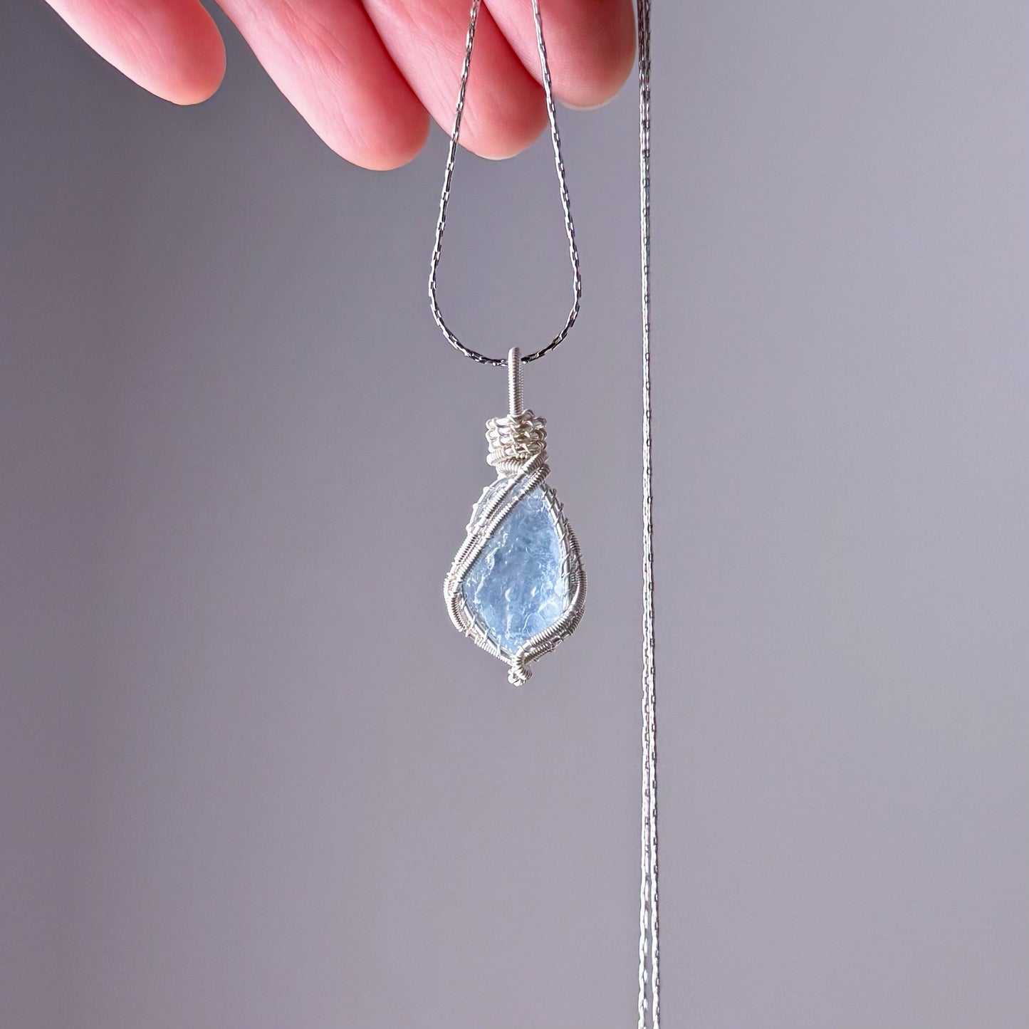 Quartzberry - Natural Blue Aquamarine Crystal Drop Shape Wire Wrapped Necklace - One-of-a-kind