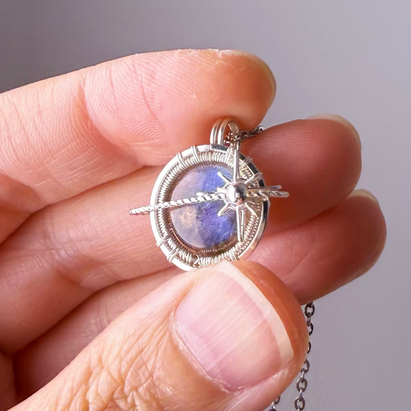 Quartzberry - Natural Labradorite Silver Planet Wire Wrapped Necklace