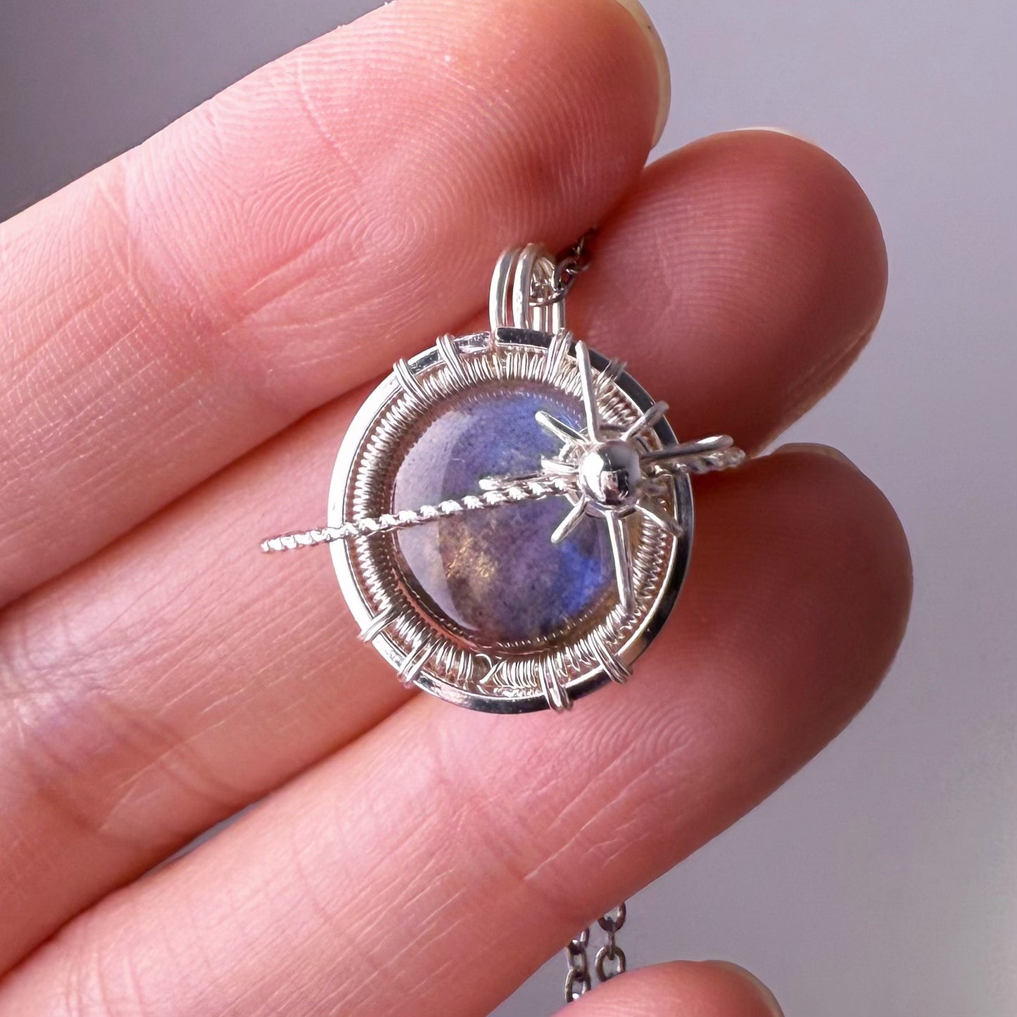 Quartzberry - Natural Labradorite Silver Planet Wire Wrapped Necklace