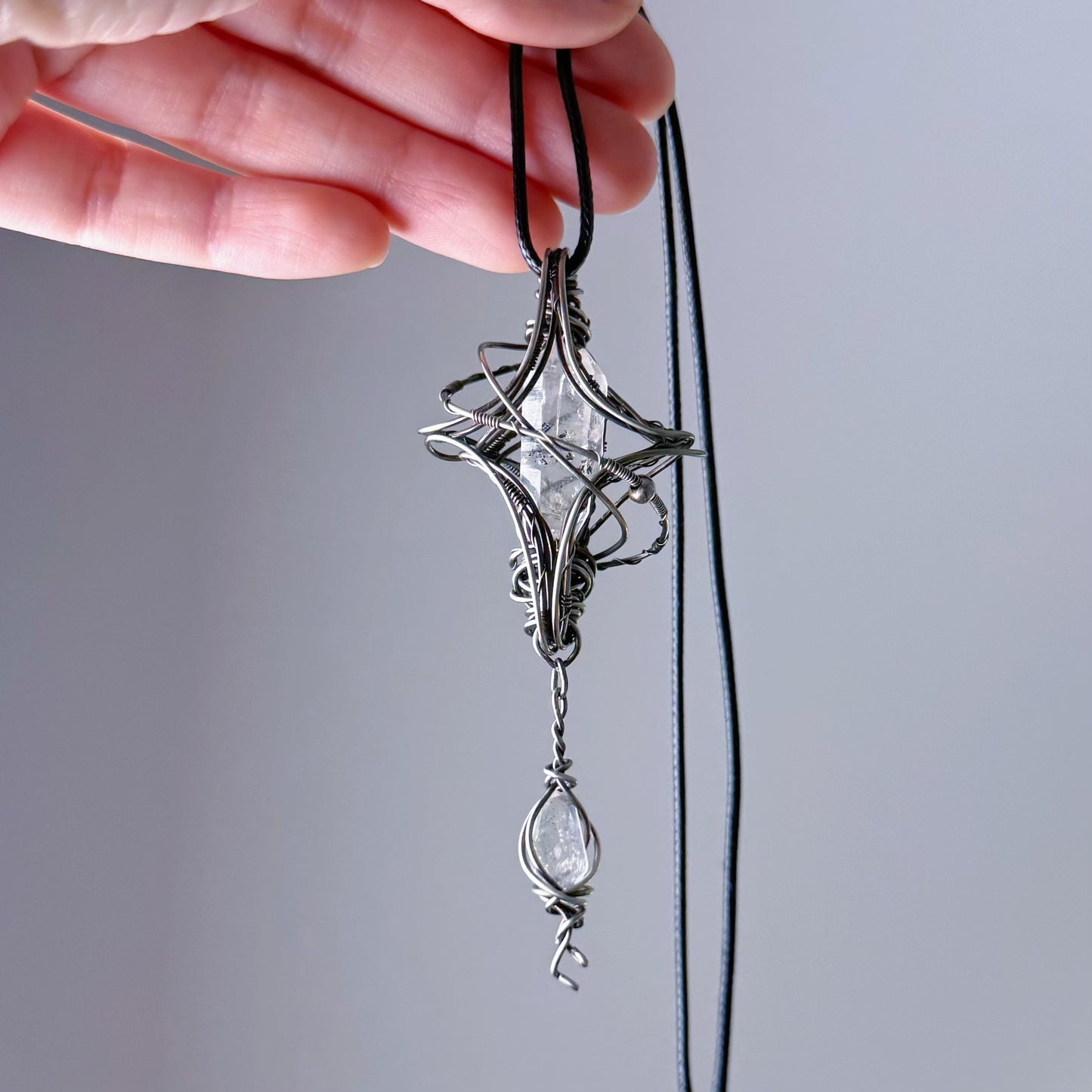 Quartzberry - Natural Herkimer Diamond Crystal Polaris Shape Wire Wrapped Necklace - One-of-a-kind