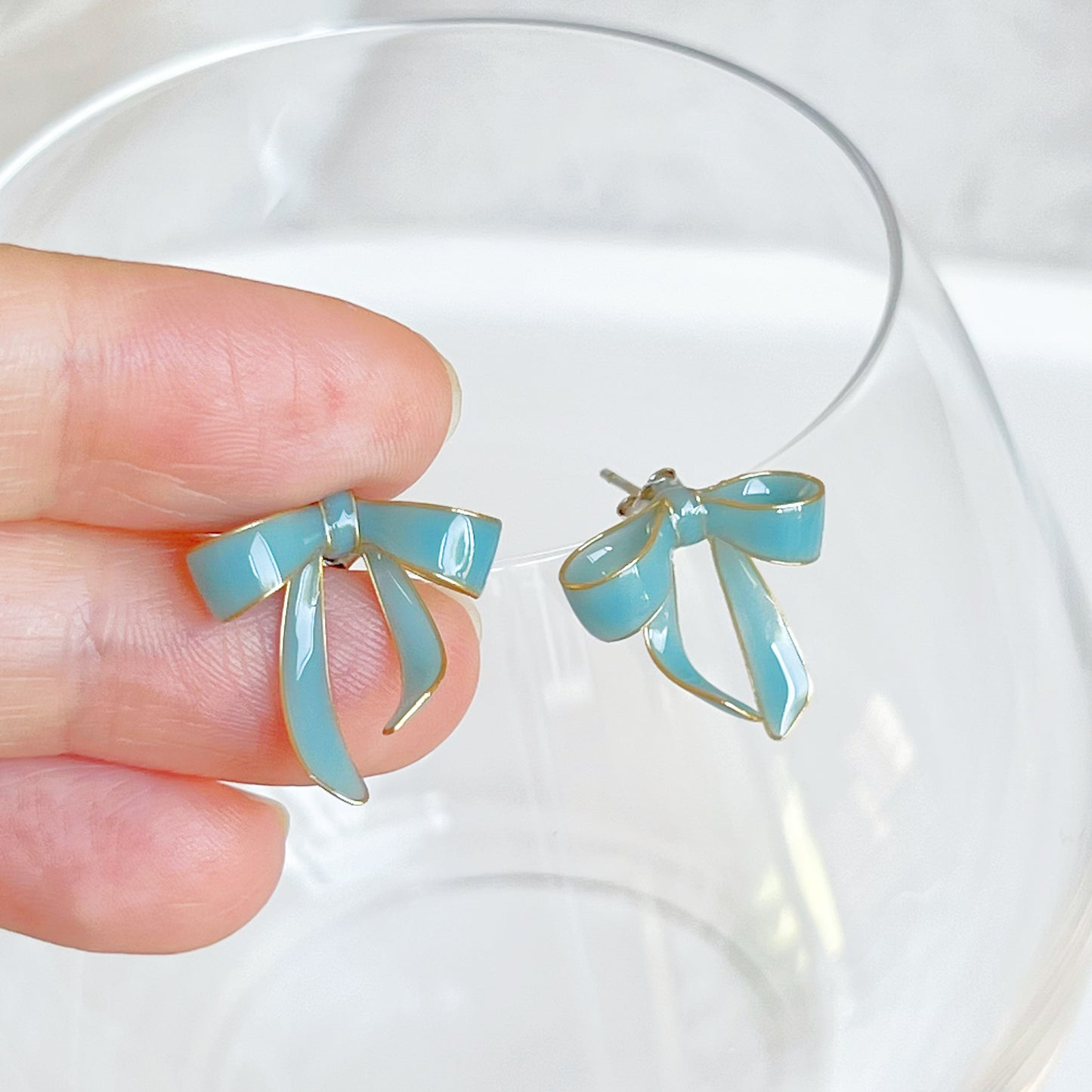 Handmade Light Blue Bow Tie Earrings-Ninaouity