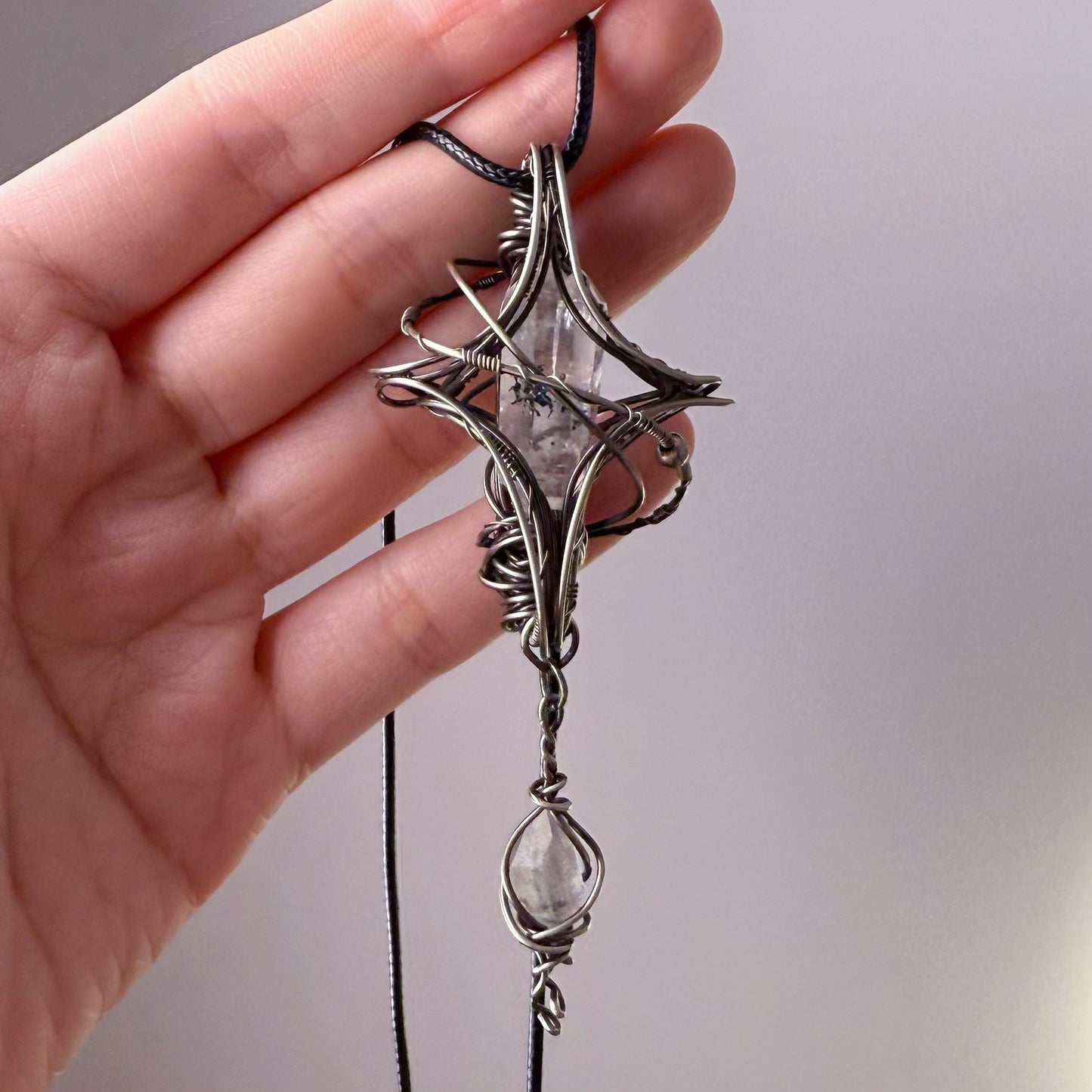 Quartzberry - Natural Herkimer Diamond Crystal Polaris Shape Wire Wrapped Necklace - One-of-a-kind