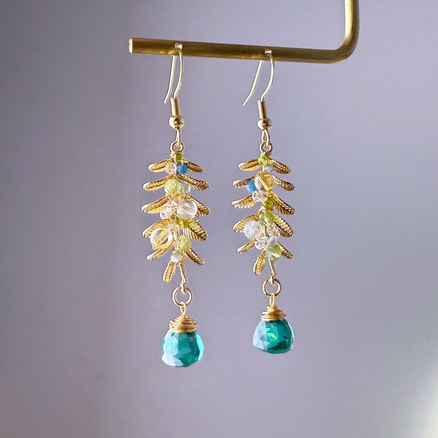 Handmade Golden Leaves with Emerald Green Quartz Crystal Earrings