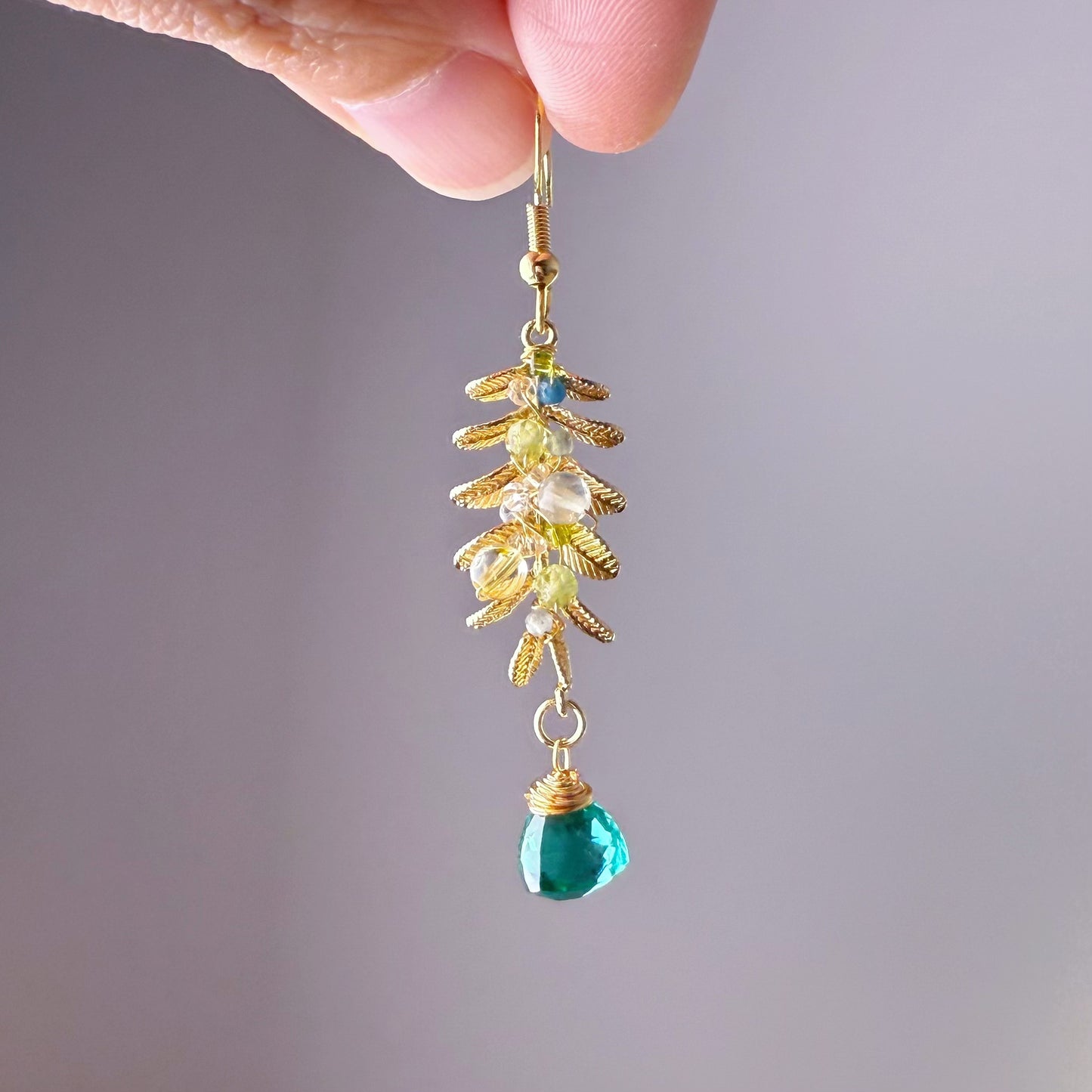 Handmade Golden Leaves with Emerald Green Quartz Crystal Earrings