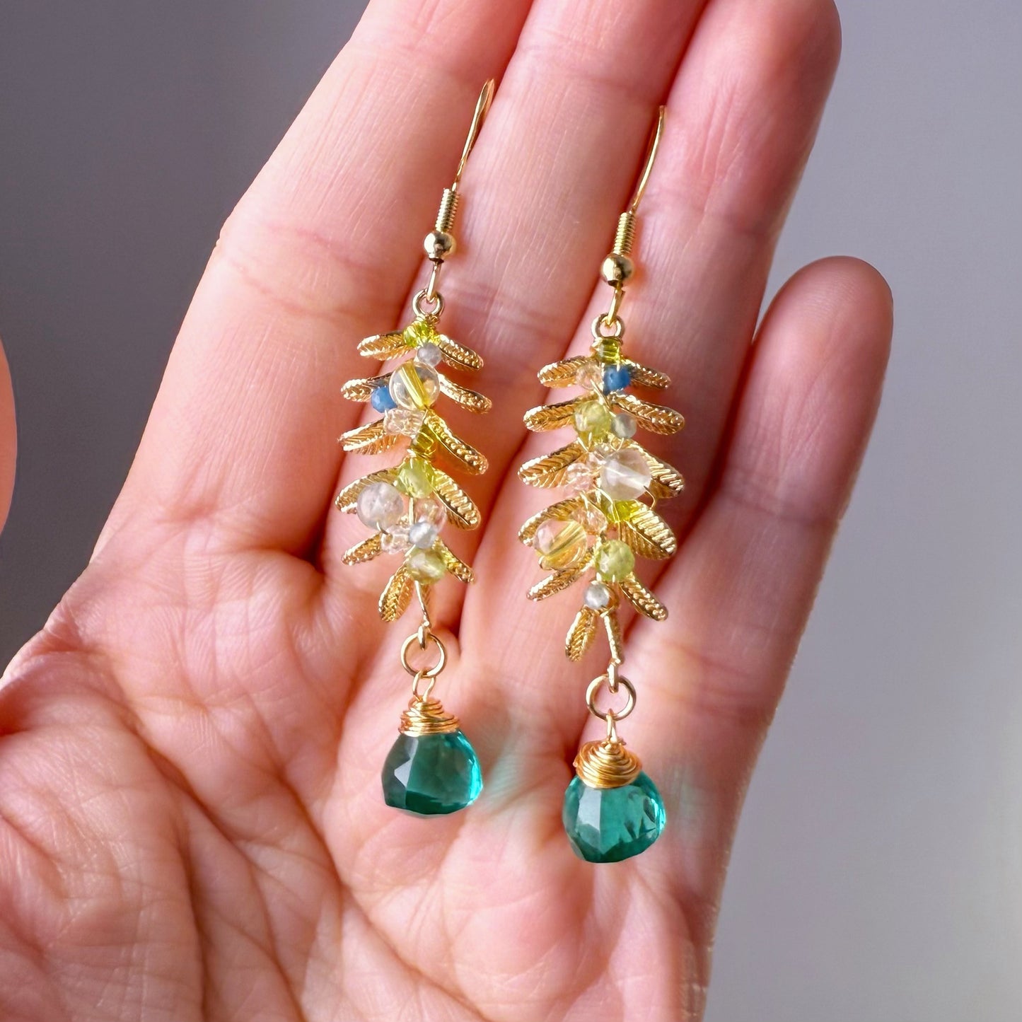 Handmade Golden Leaves with Emerald Green Quartz Crystal Earrings