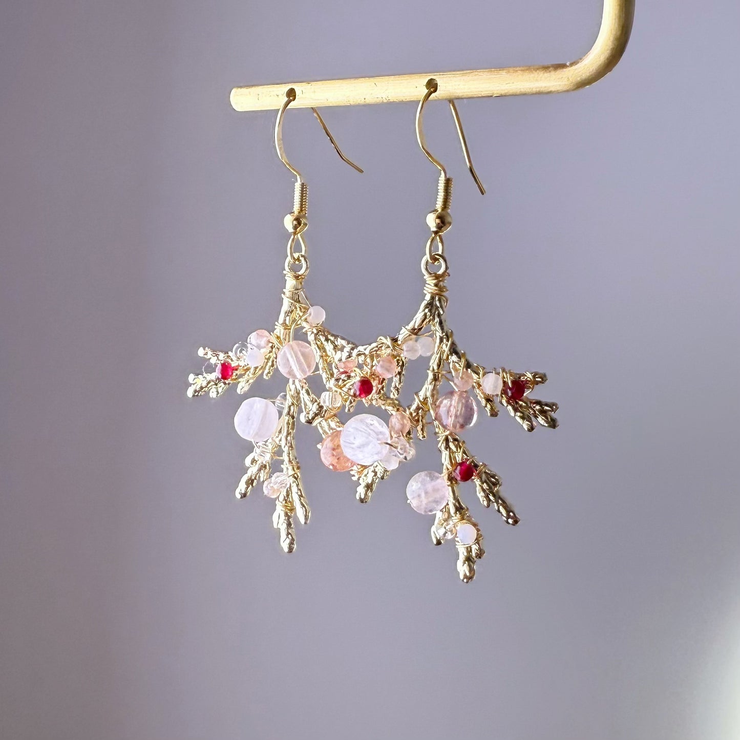 Handmade Golden Pine Branch with Mini Natural Crystal Beads Earrings